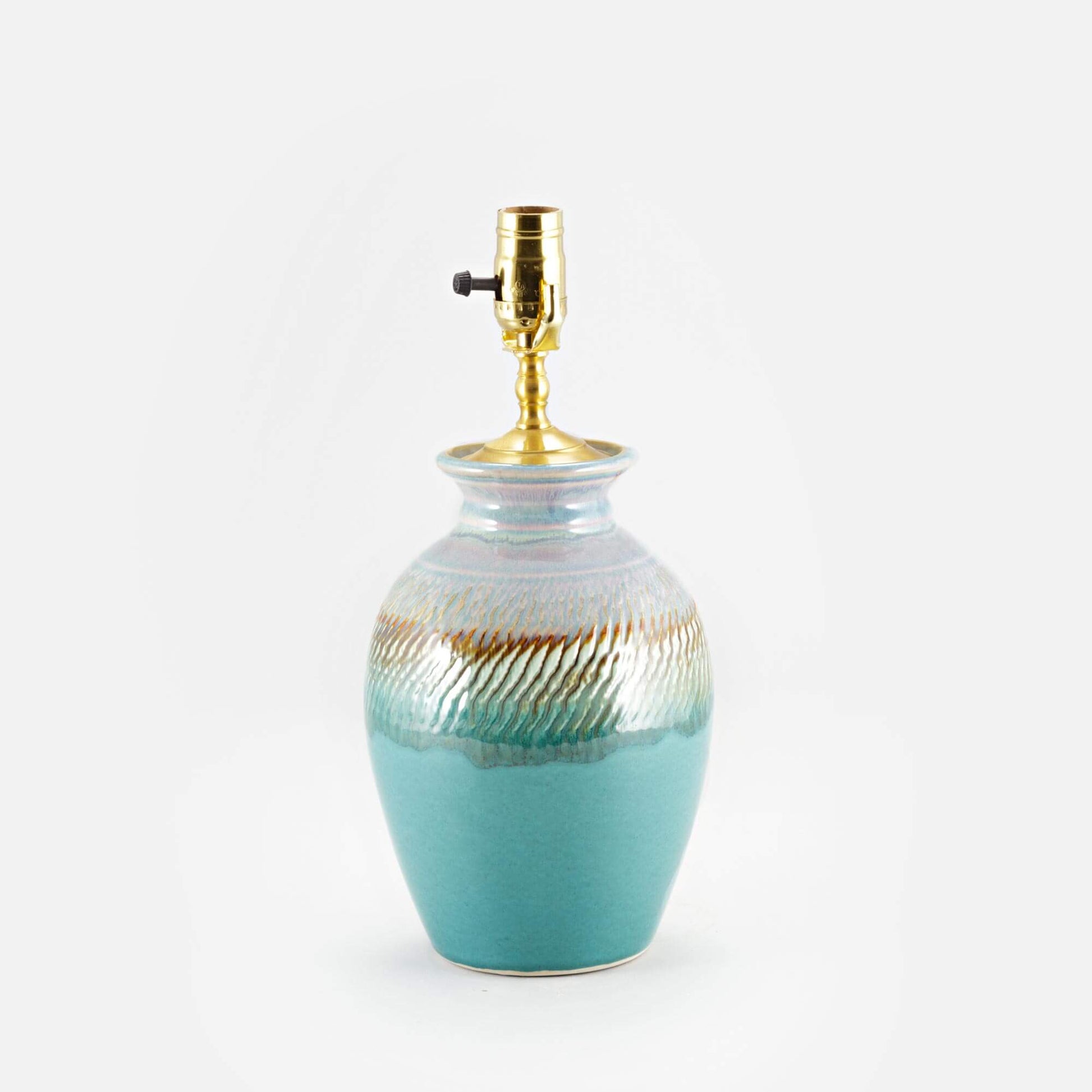 Handmade Pottery 10 Inch Round Table Lamp in Green Oribe pattern made by Olyssia Designs LLC  in US