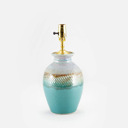 Handmade Pottery 10 Inch Round Table Lamp in Green Oribe pattern made by Olyssia Designs LLC  in US