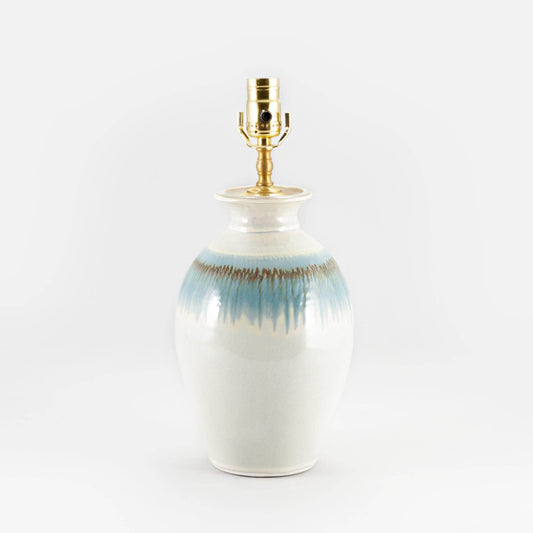 Handmade Pottery 11 Inch Round Table Lamp in Ivory & Blue Oribe pattern made by Olyssia Designs LLC  in US