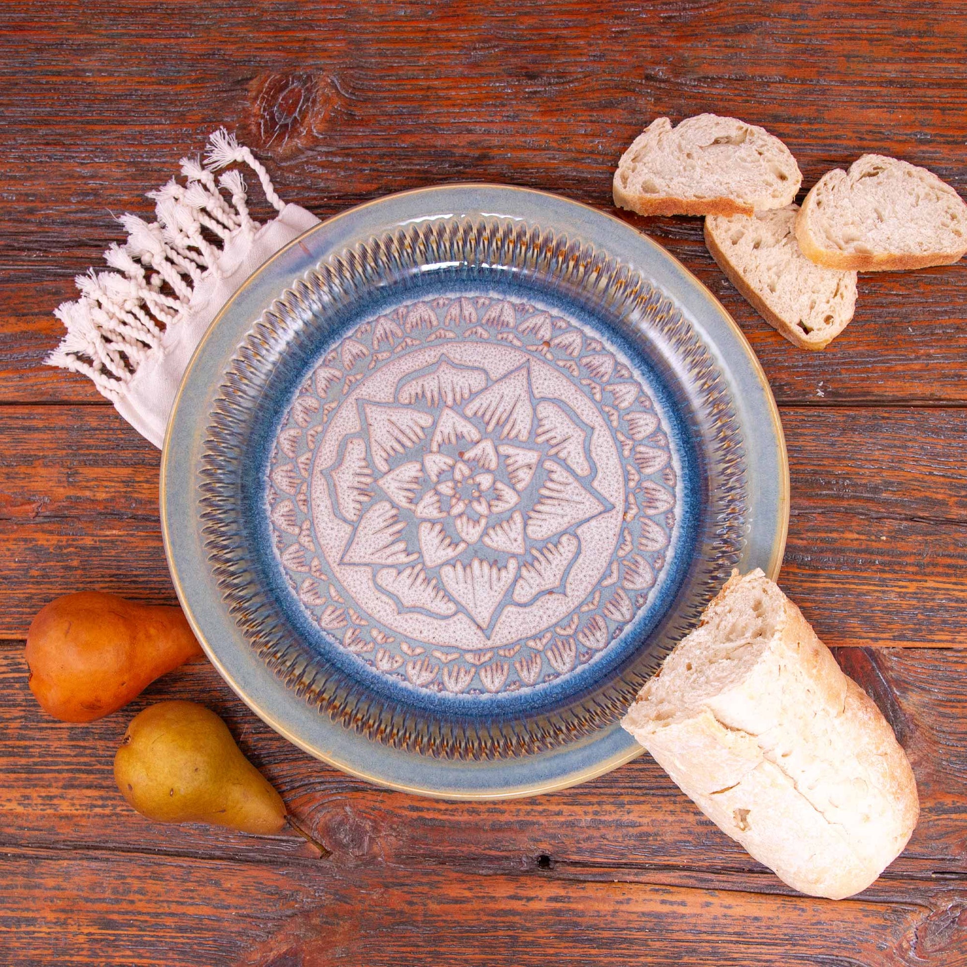 Handmade Pottery 14" Round Platter in Purple Celtic Flower pattern made by Olyssia Designs LLC  in US