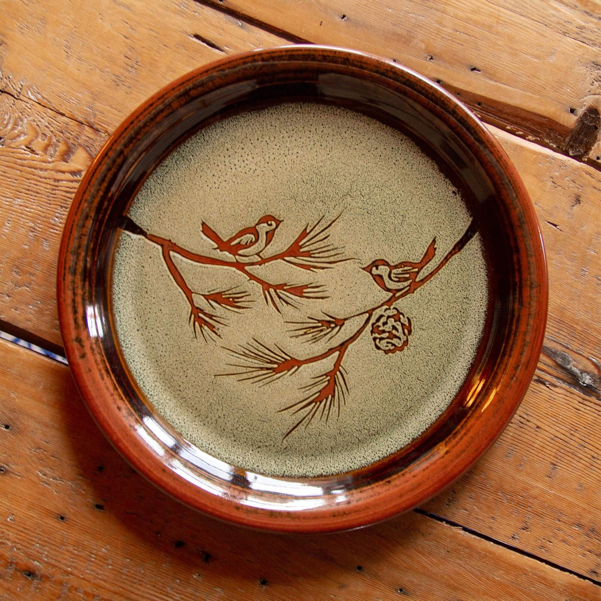 Handmade Pottery 14" Round Platter in Hamada Chickadee pattern made by Olyssia Designs LLC  in US