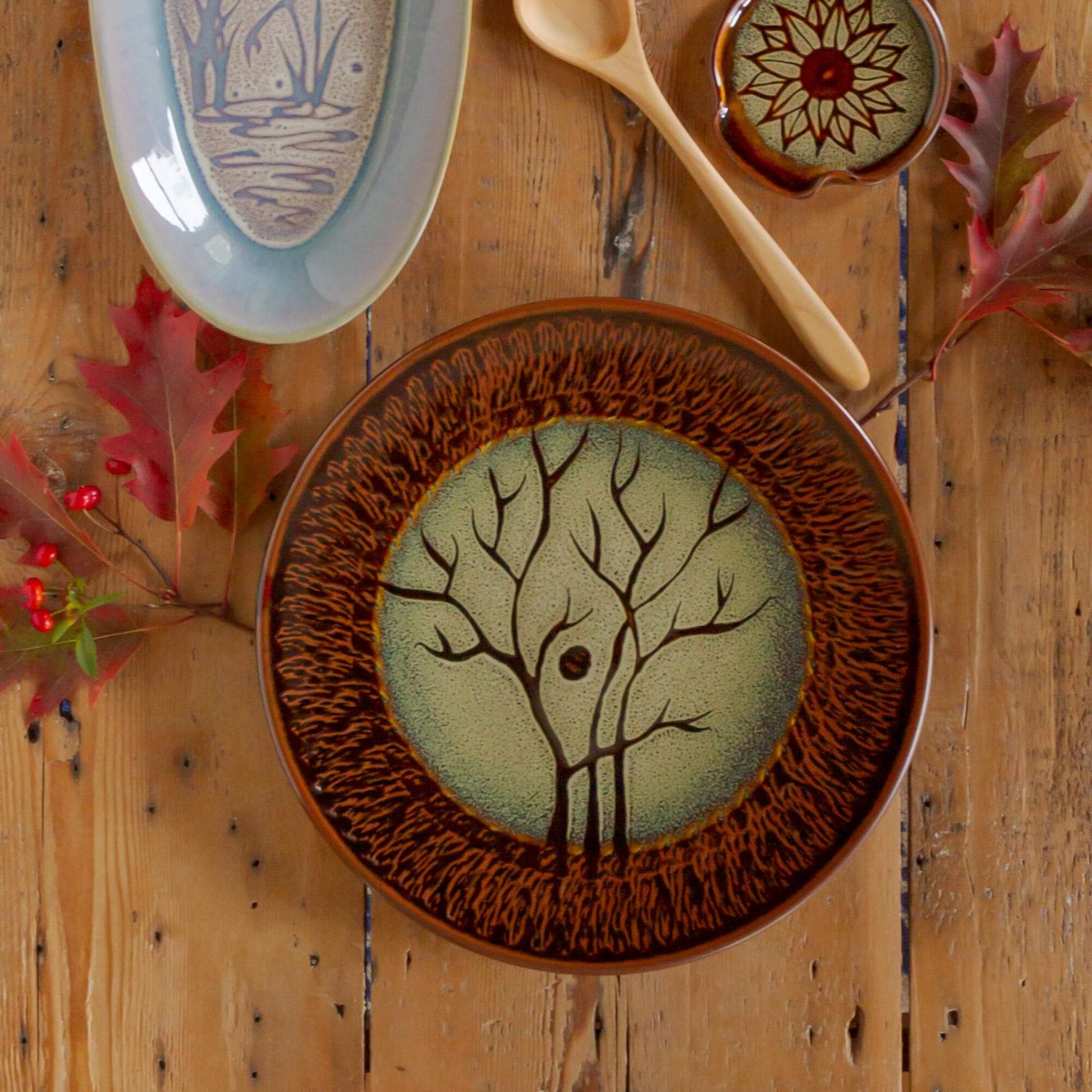 Handmade Pottery 14" Round Platter in Hamada Tree pattern made by Olyssia Designs LLC  in US