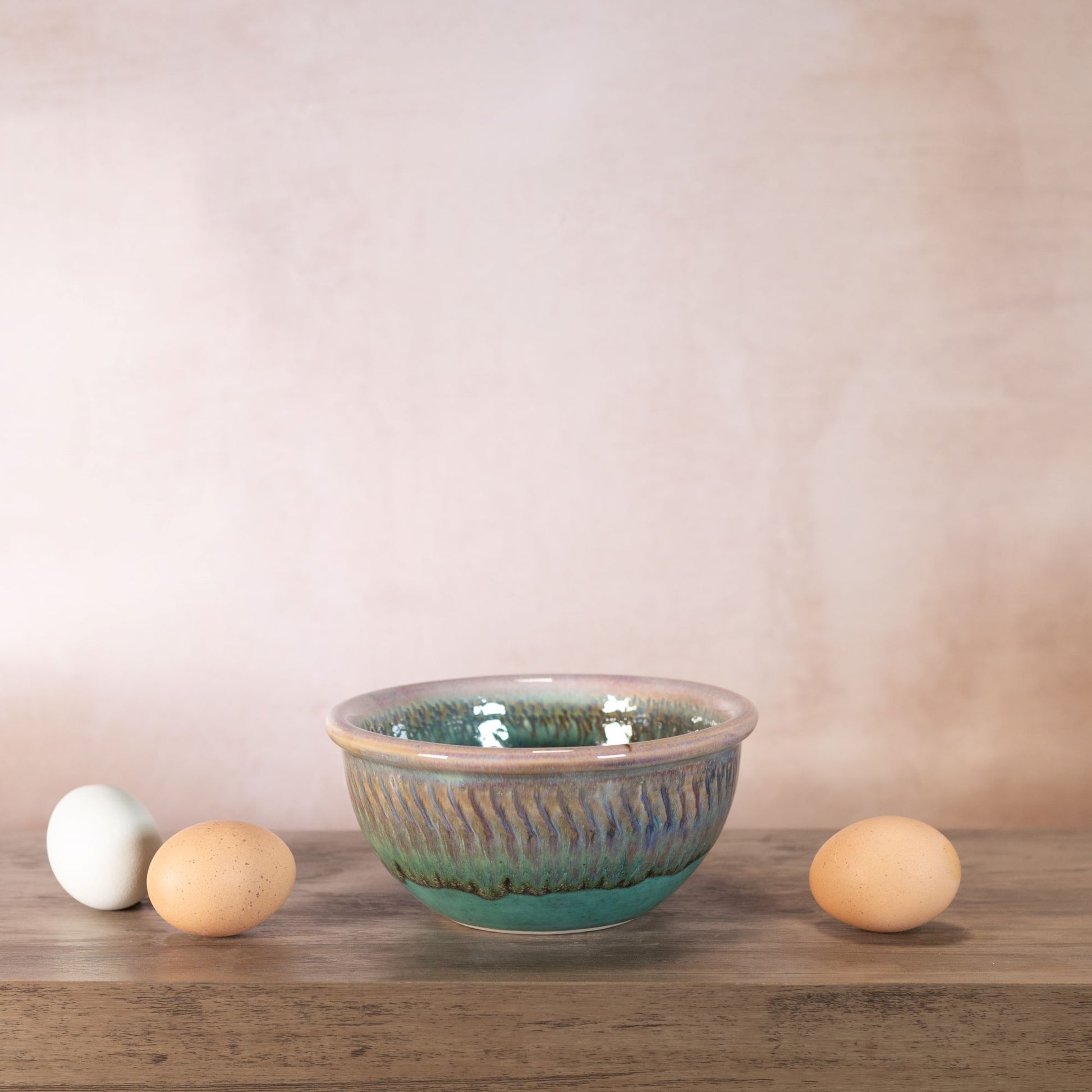 Handmade Pottery 6 Inch Mixing Bowl in Green Oribe pattern made by Olyssia Designs LLC in US
