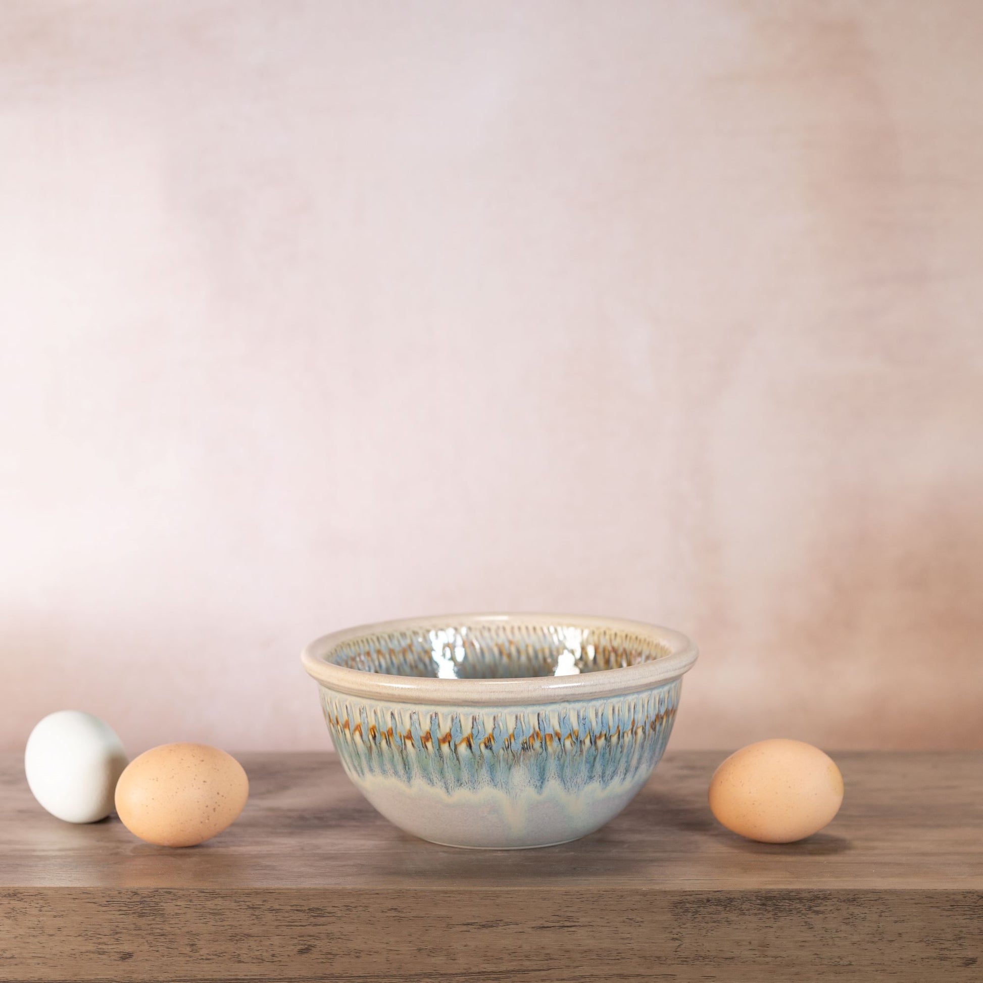 Handmade Pottery 6 Inch Mixing Bowl in Ivory Blue pattern made by Olyssia Designs LLC in US