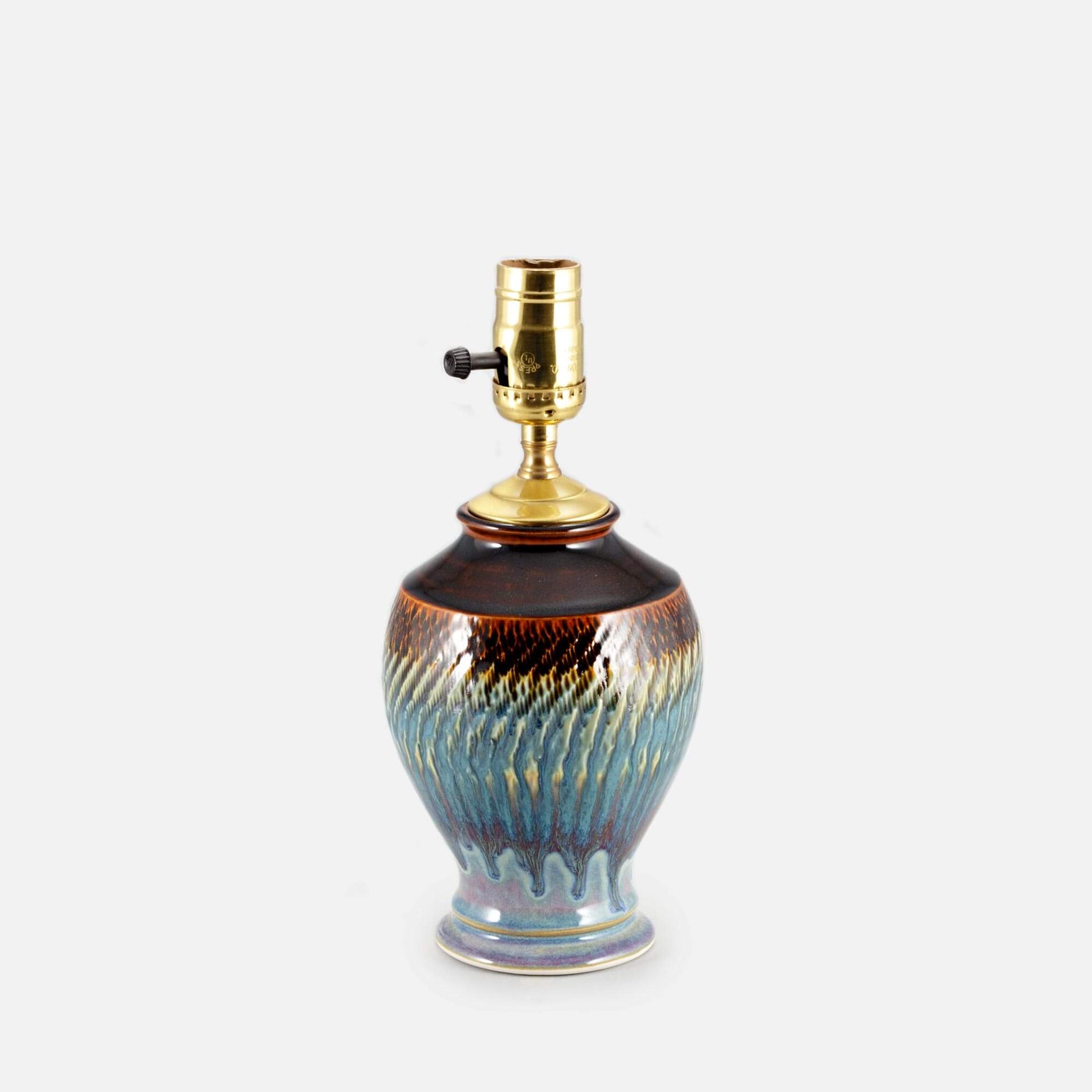 Handmade Pottery 7 Inch Bedside Lamp in Purple Hamada pattern made by Olyssia Designs LLC in US