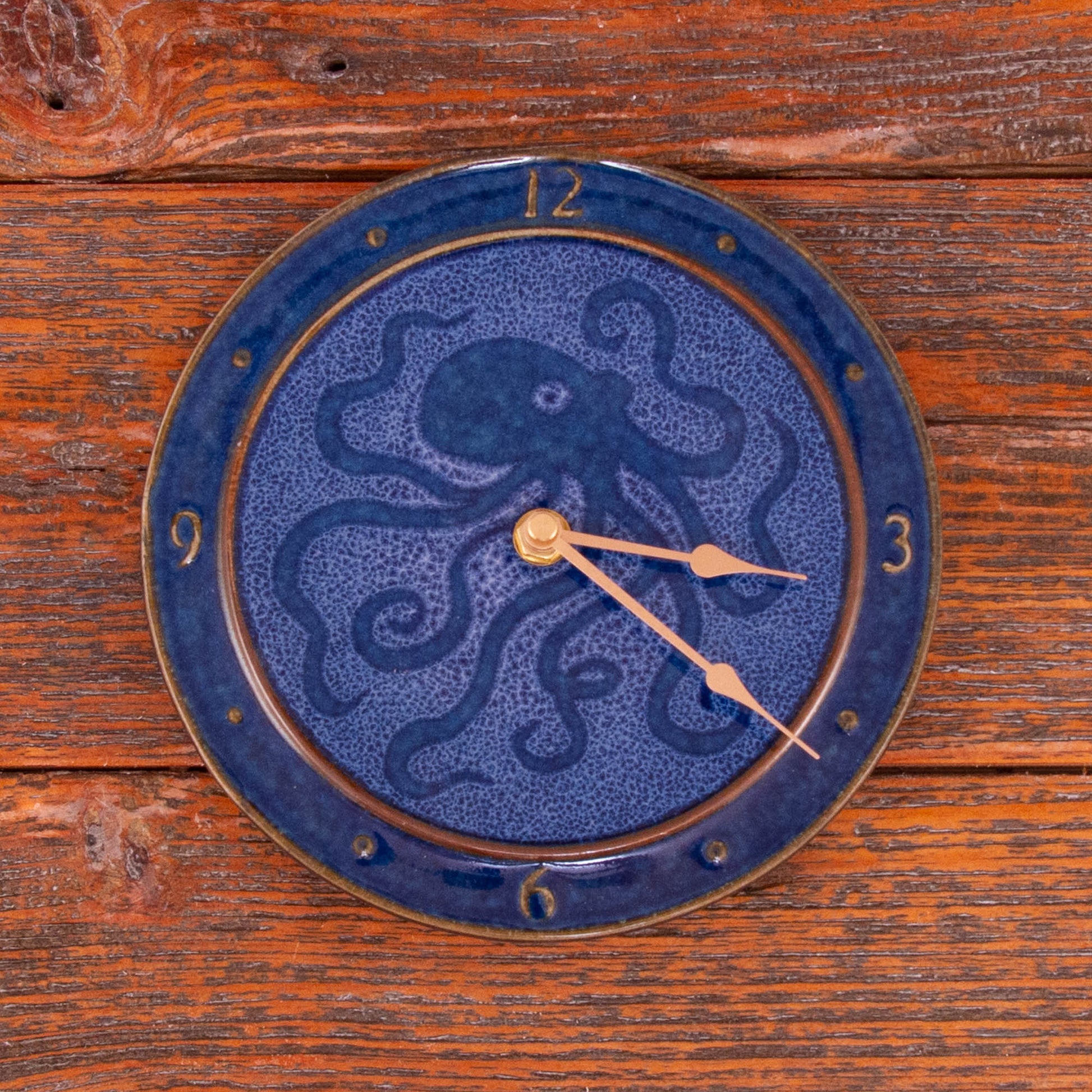 Handmade Pottery Large Clock w/ Stand in Blue Octopus pattern made by Olyssia Designs LLC  in US