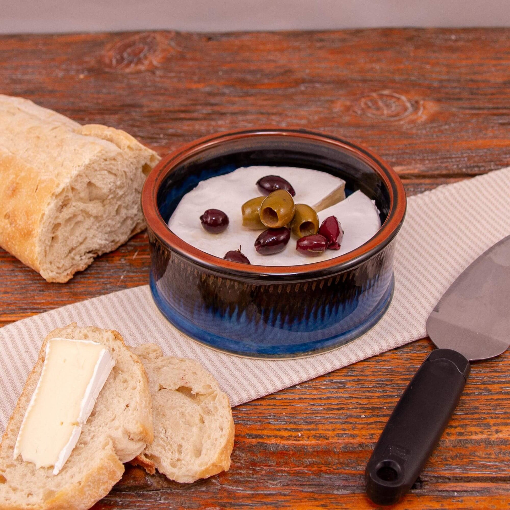 Handmade Pottery Brie Baker in Blue Hamada pattern made by Olyssia Designs LLC in US