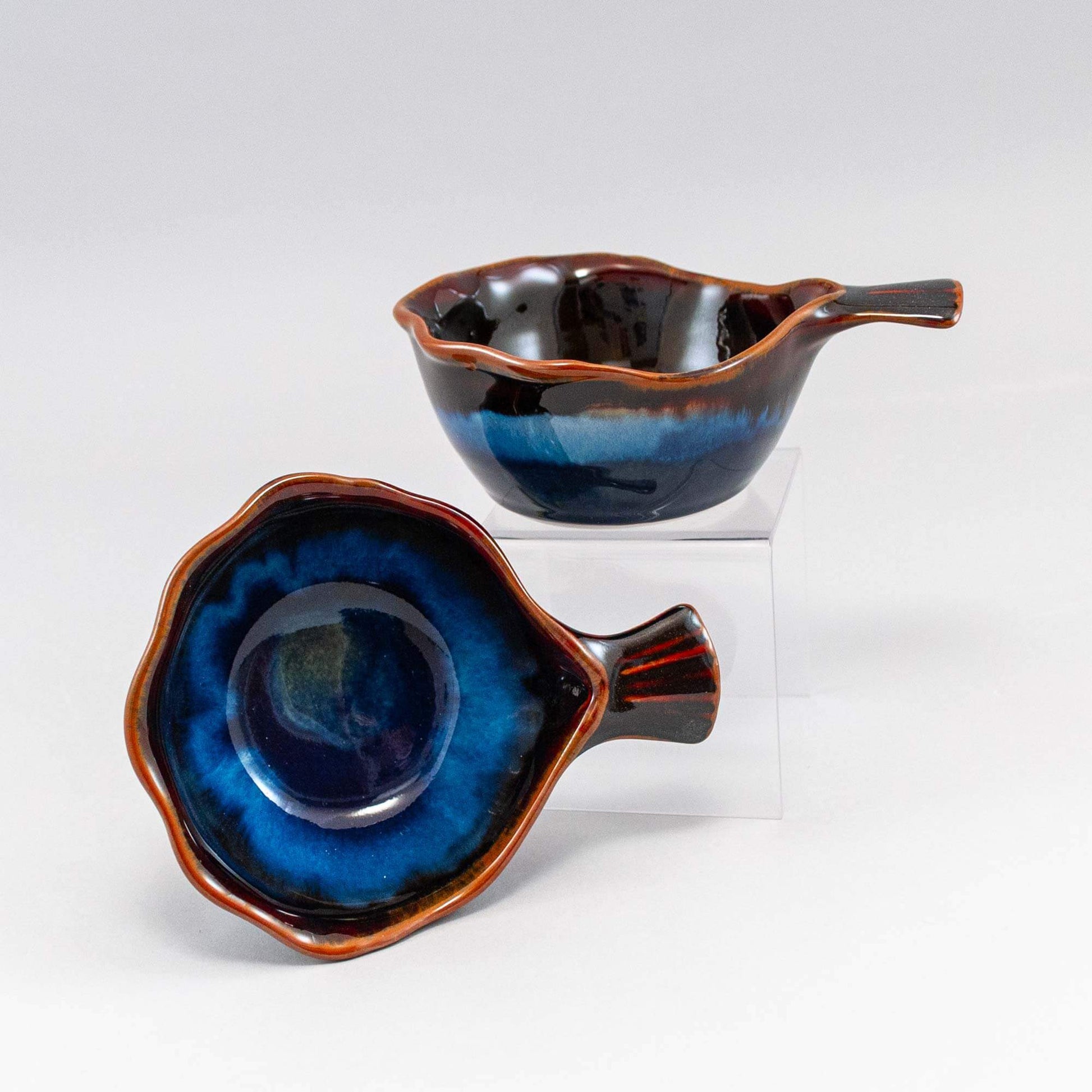 Handmade Pottery Fish Handled Bowl in Blue Hamada pattern made by Olyssia Designs LLC  in US