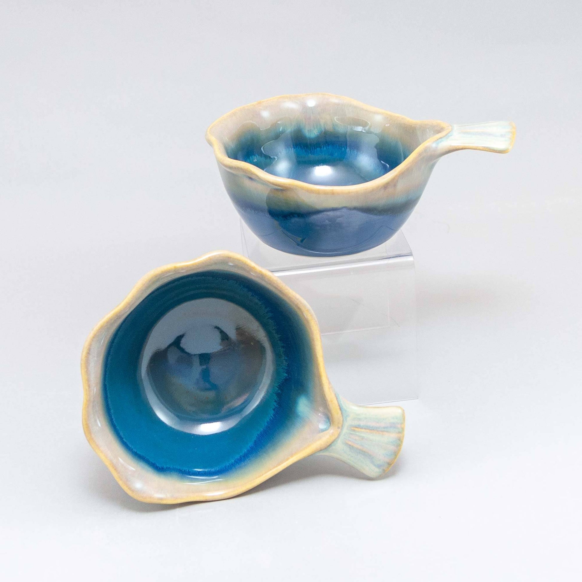 Handmade Pottery Fish Handled Bowl in Blue Oribe pattern made by Olyssia Designs LLC  in US