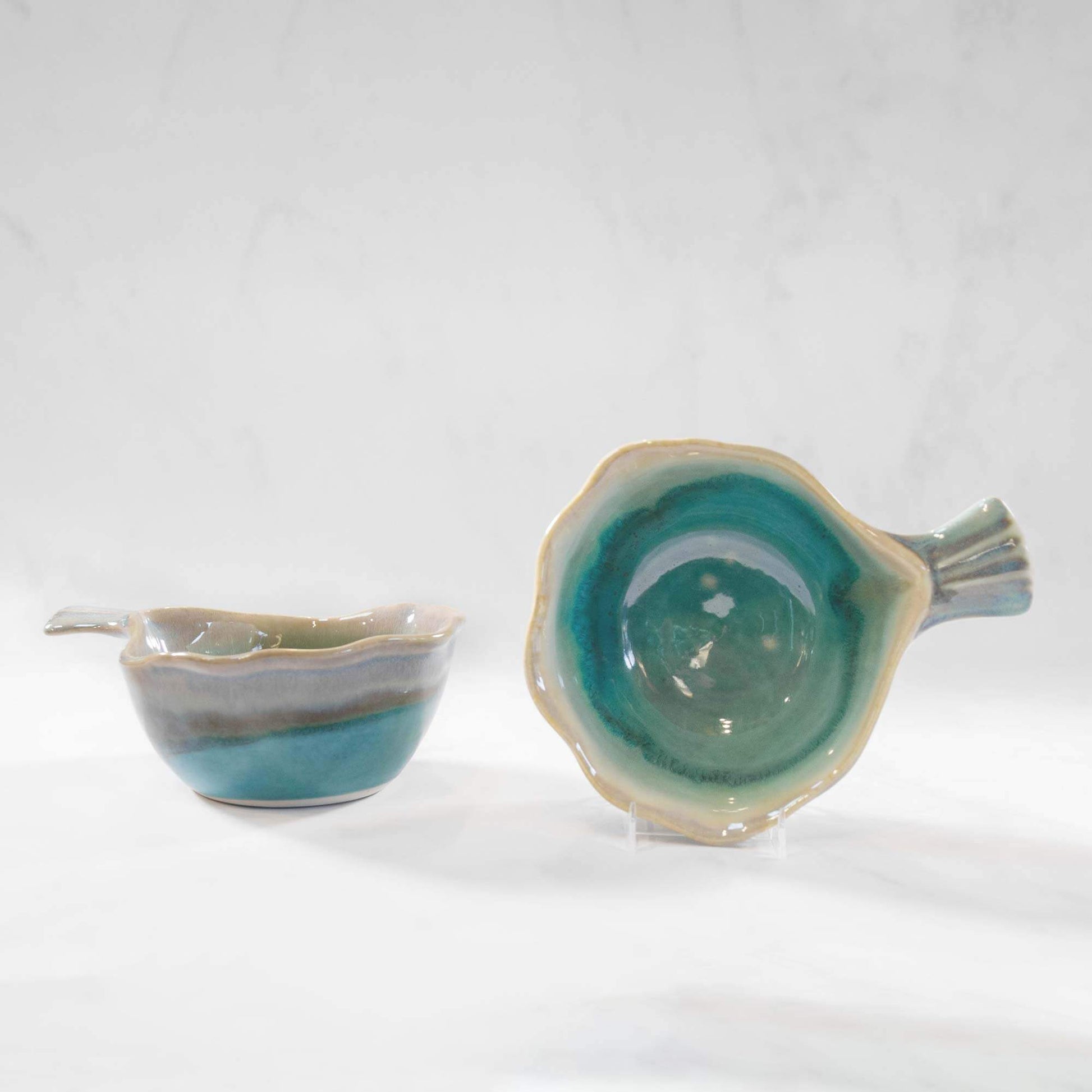 Handmade Pottery Fish Handled Bowl in Green Oribe pattern made by Olyssia Designs LLC  in US