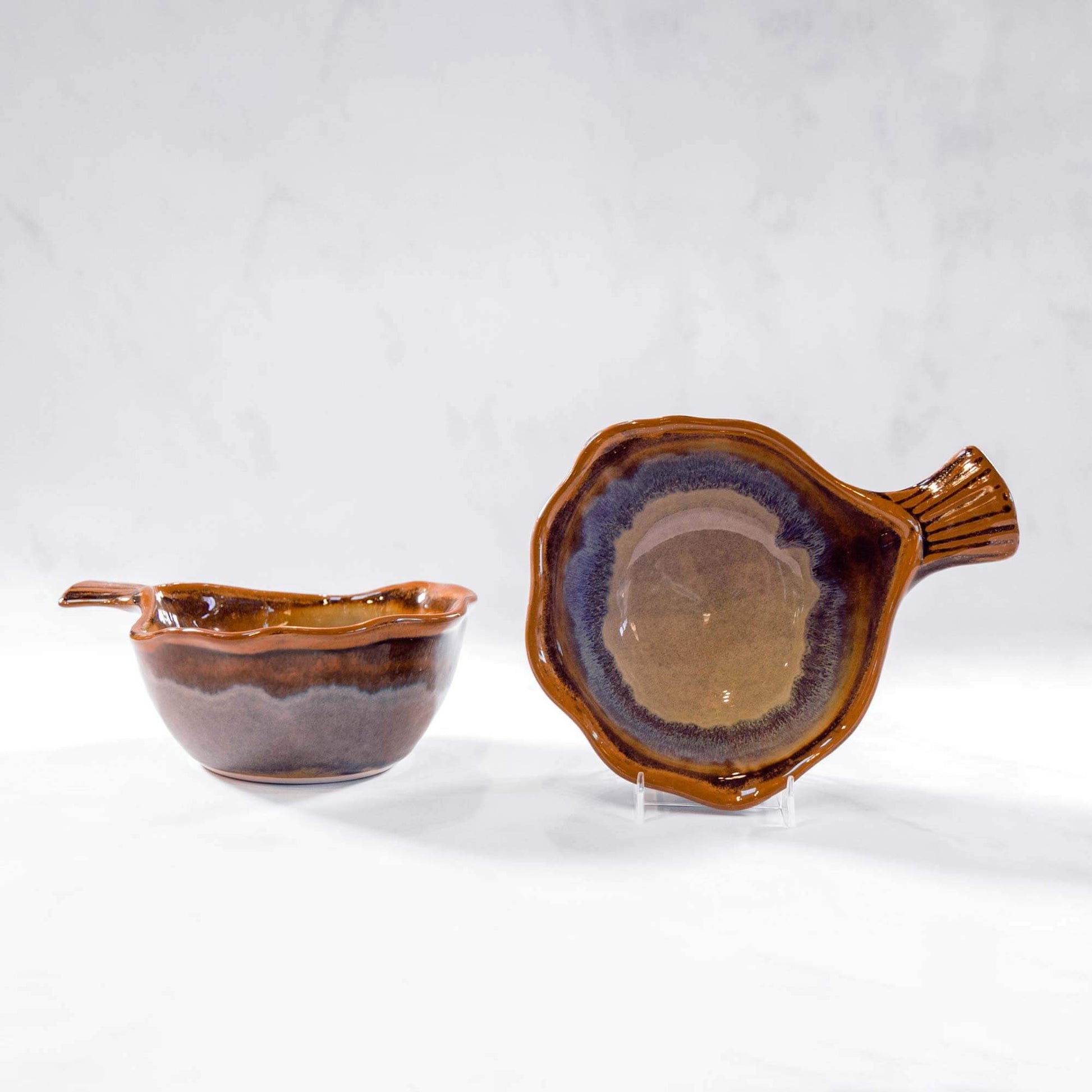 Handmade Pottery Fish Handled Bowl in Purple Hamada pattern made by Olyssia Designs LLC  in US