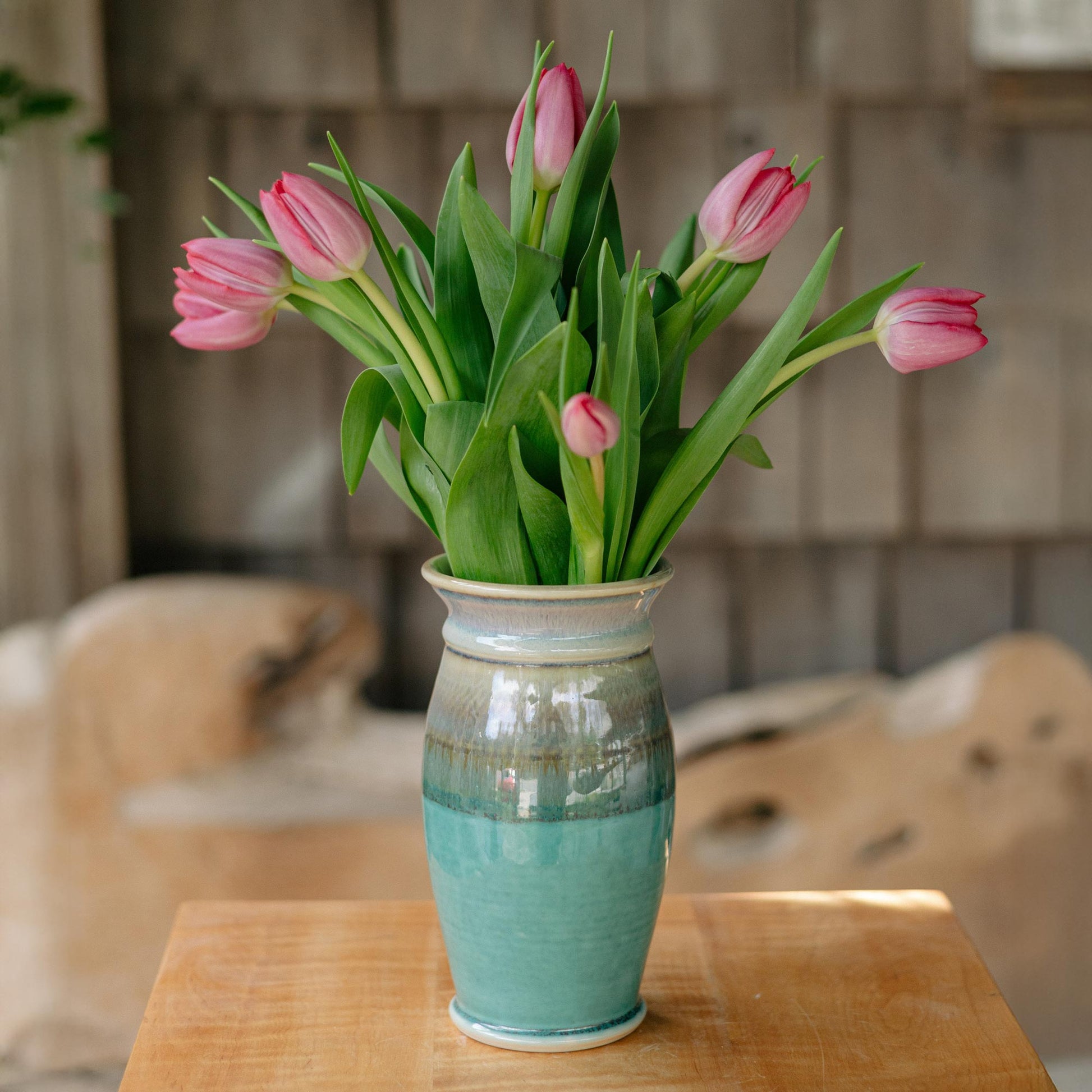 Handmade Garden Vase in Green Oribe  and Purple pattern made by Olyssia Designs LLC  in US