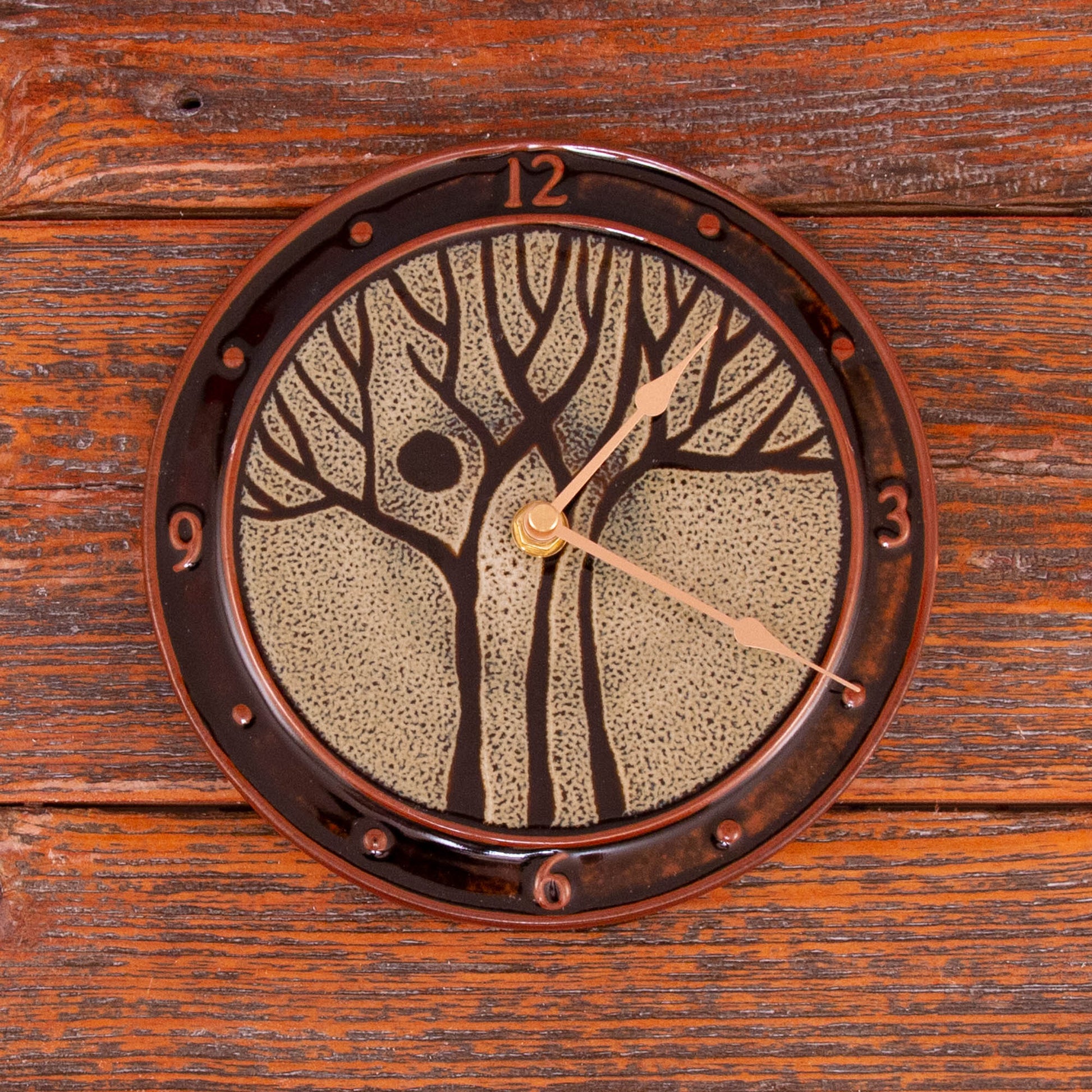 Handmade Pottery Large Clock w/ Stand in Hamada Tree pattern made by Olyssia Designs LLC  in US