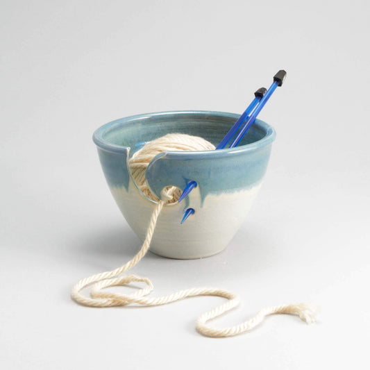 Handmade Pottery Yarn Bowl for Knitting  in Ivory & Blue pattern made by Olyssia Designs LLC  in US
