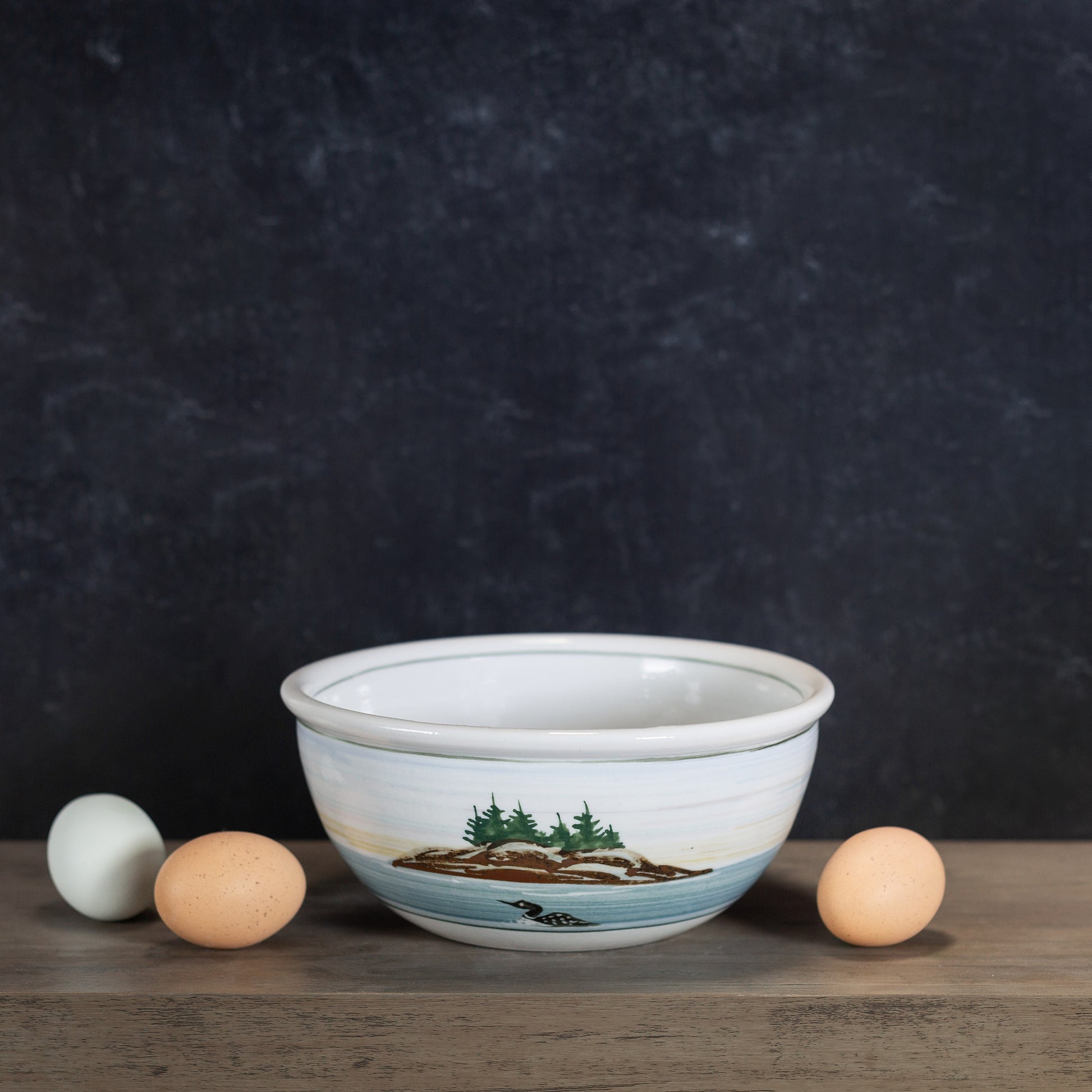 Handmade Pottery 8 Inch Mixing Bowl in Loon pattern made by Olyssia Designs LLC in US