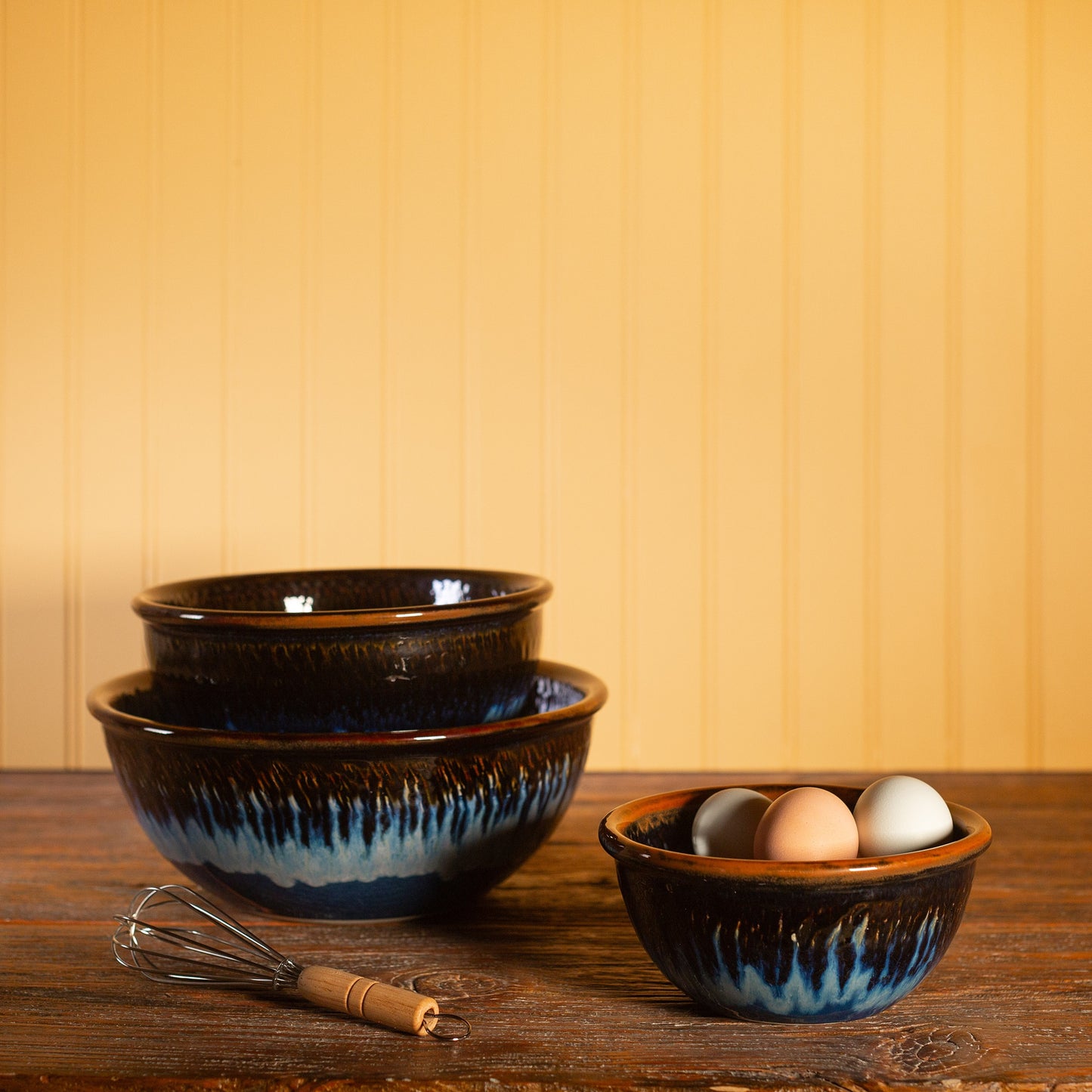 Handmade Pottery Mixing Bowl Set of 3 (6,8,10) in Blue Hamada pattern made by Olyssia Designs LLC in US
