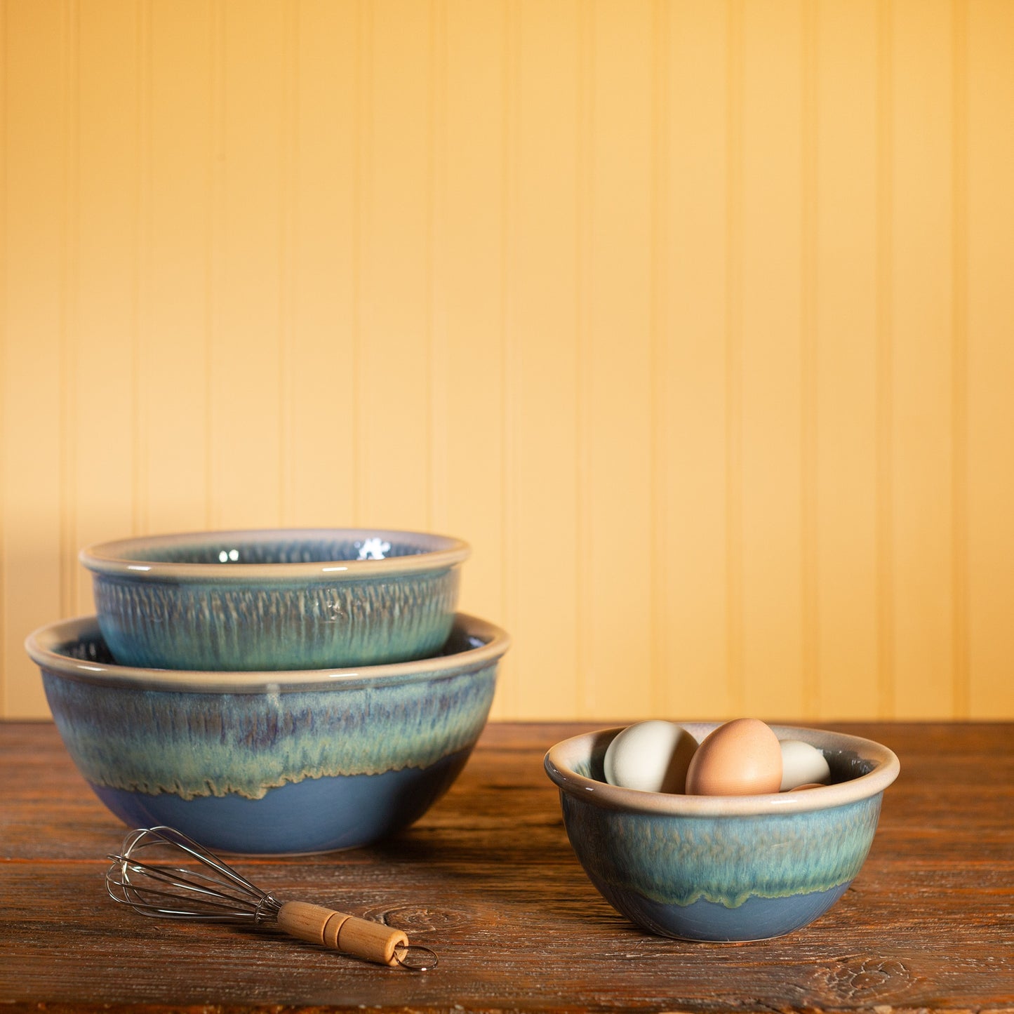 Handmade Pottery Mixing Bowl Set of 3 (6,8,10) in Blue Oribe pattern made by Olyssia Designs LLC in US