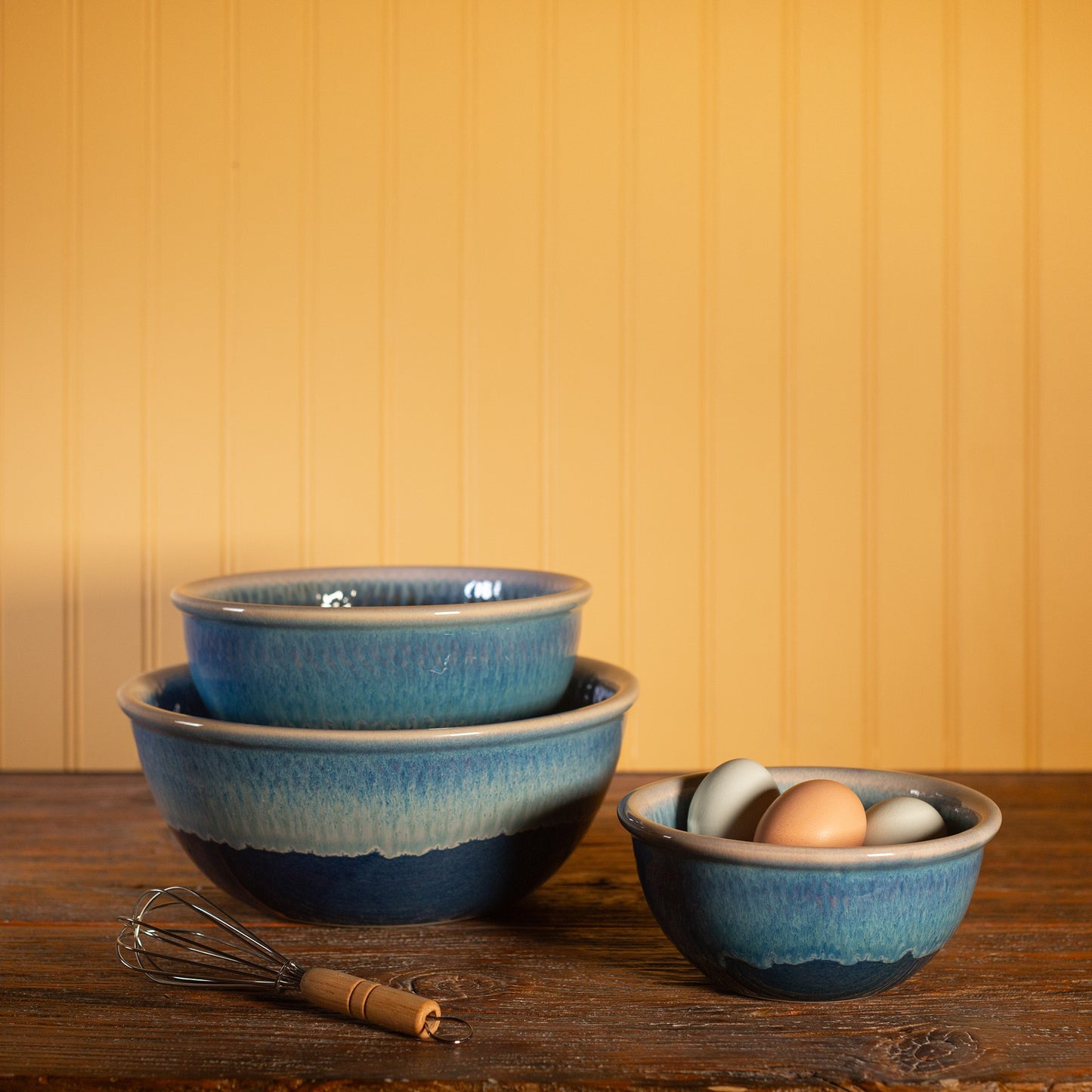Handmade Pottery Mixing Bowl Set of 3 (6,8,10) in Cobalt pattern made by Olyssia Designs LLC in US