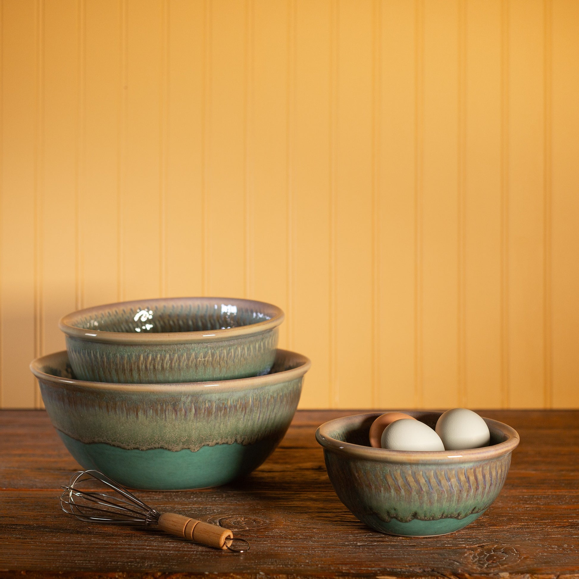 Handmade Pottery Mixing Bowl Set of 3 (6,8,10) in Green Oribe pattern made by Olyssia Designs LLC  in US