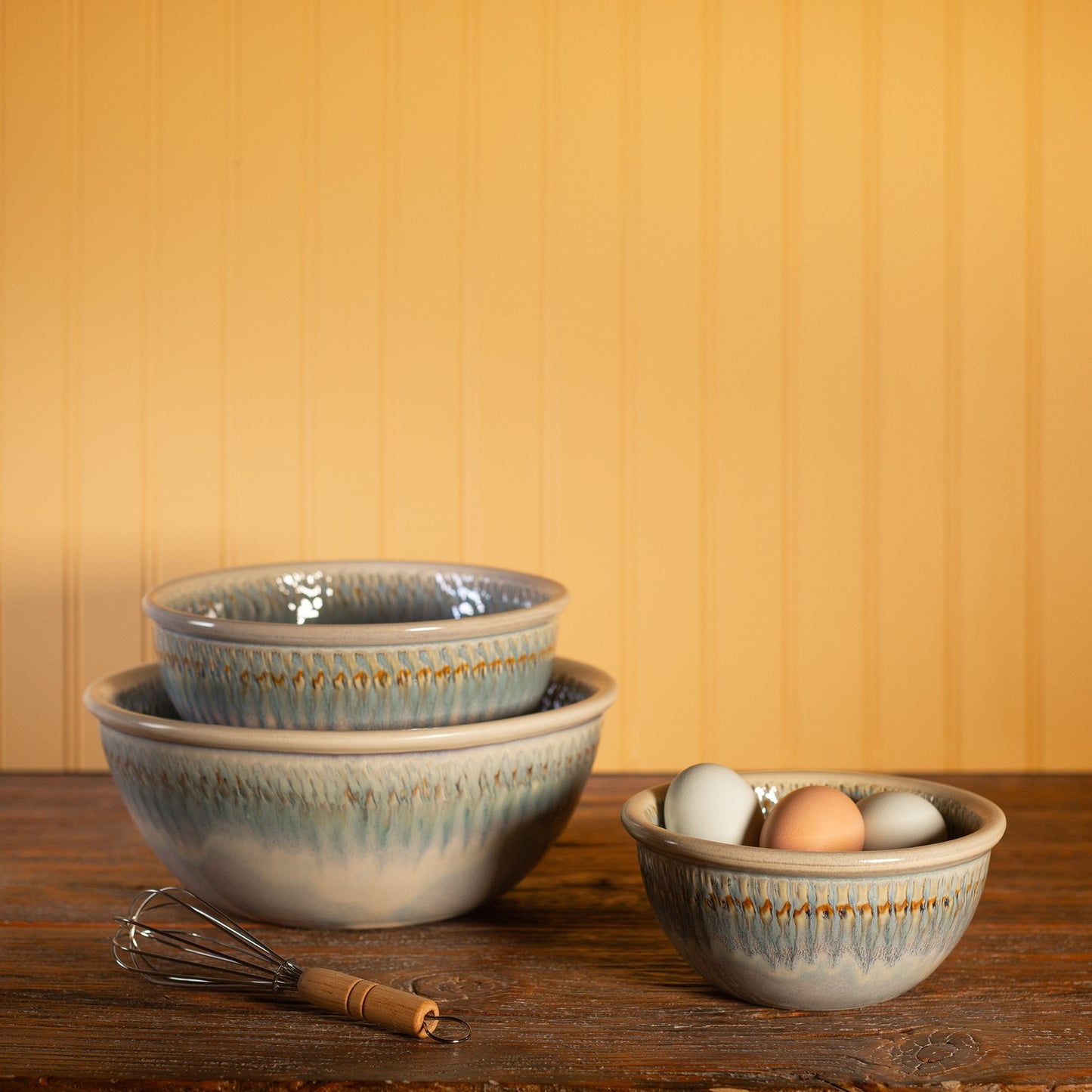 Handmade Pottery Mixing Bowl Set of 3 (6,8,10) in Ivory Blue pattern made by Olyssia Designs LLC in US