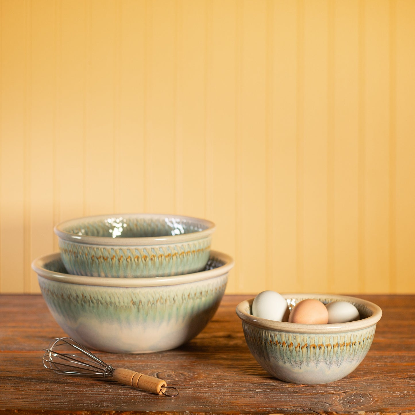 Handmade Pottery Mixing Bowl Set of 3 (6,8,10) in Ivory Green pattern made by Olyssia Designs LLC in US