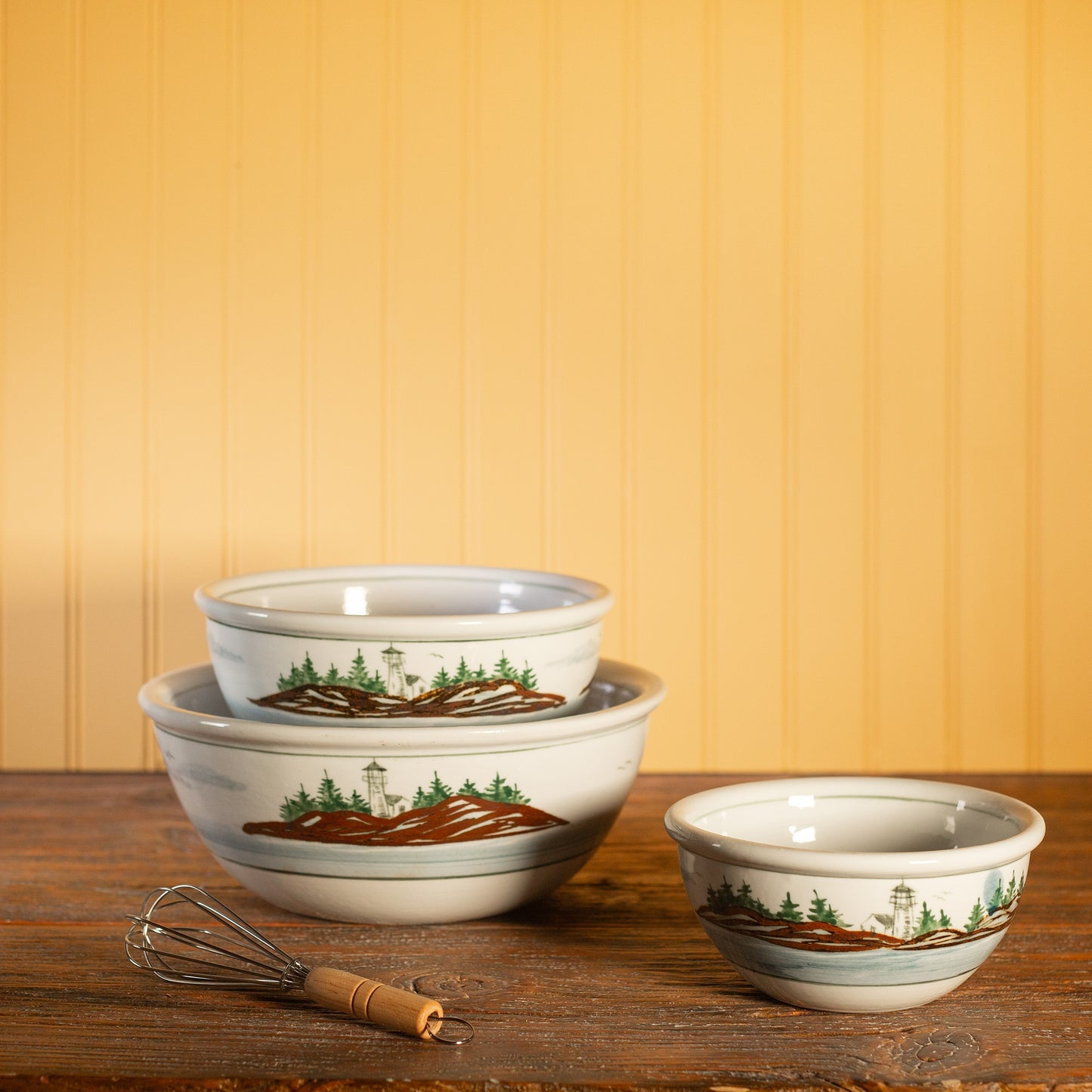 Handmade Pottery Mixing Bowl Set of 3 (6,8,10) in Lighthouse pattern made by Olyssia Designs LLC in US