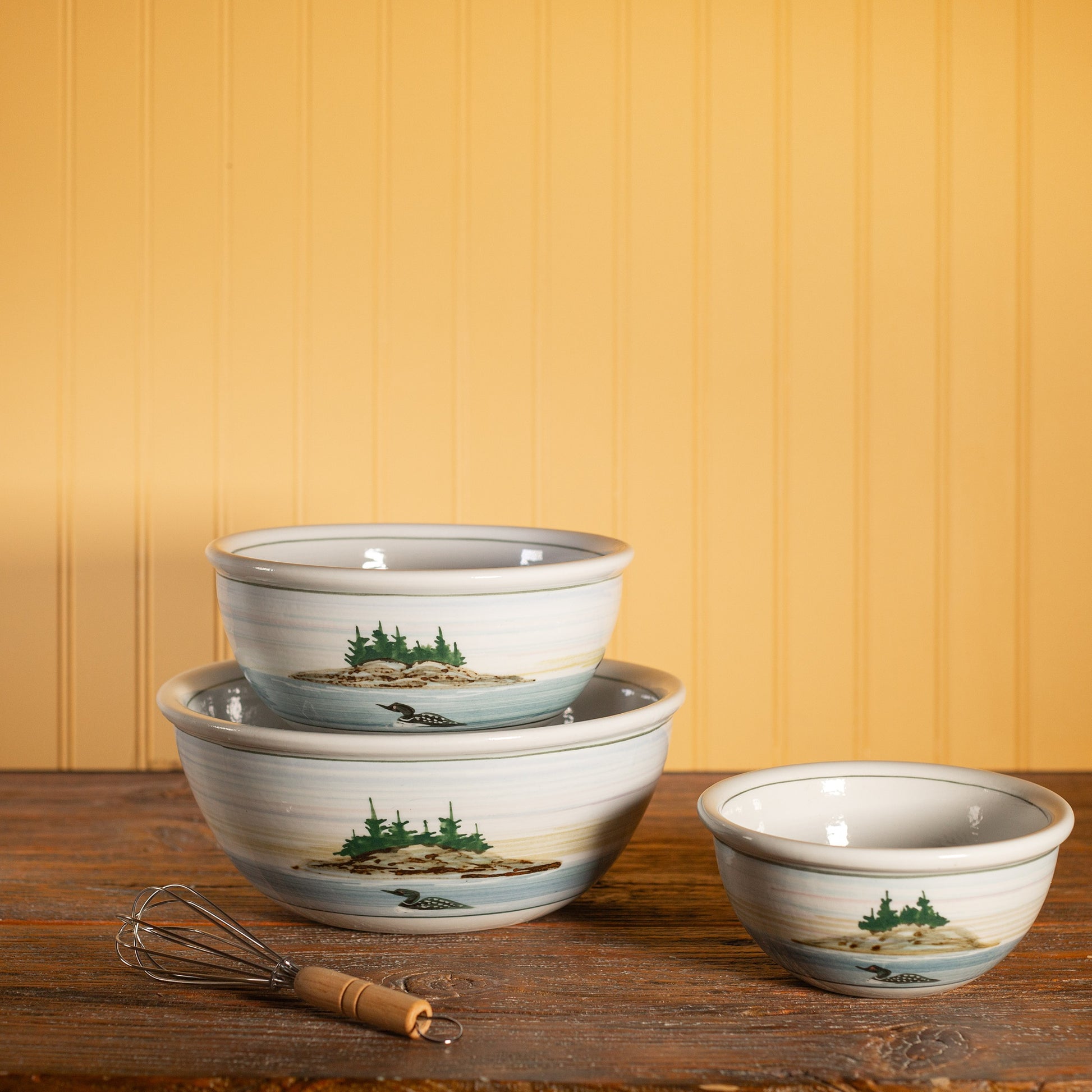 Handmade Pottery Mixing Bowl Set of 3 (6,8,10) in Loon pattern made by Olyssia Designs LLC  in US