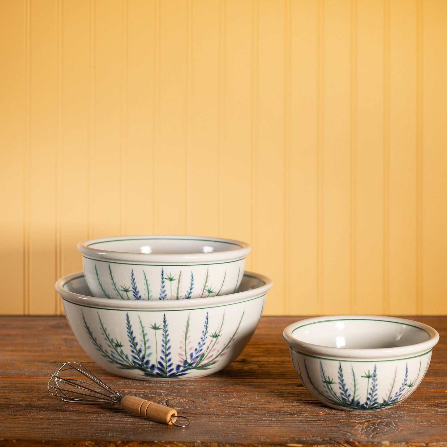 Handmade Pottery Mixing Bowl Set of 3 (6,8,10) in Lupine pattern made by Olyssia Designs LLC in US