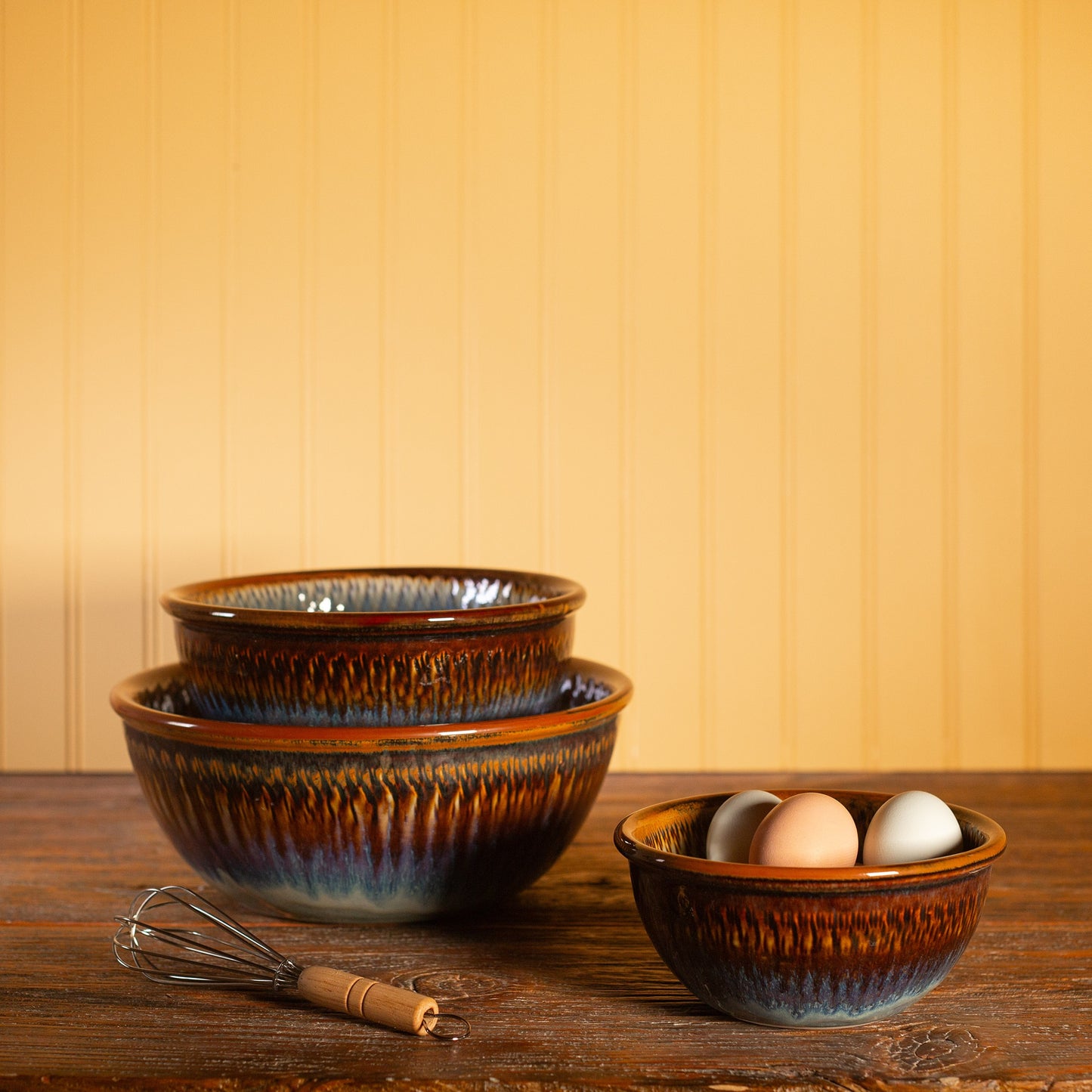 Handmade Pottery Mixing Bowl Set of 3 (6,8,10) in Purple Hamada pattern made by Olyssia Designs LLC in US