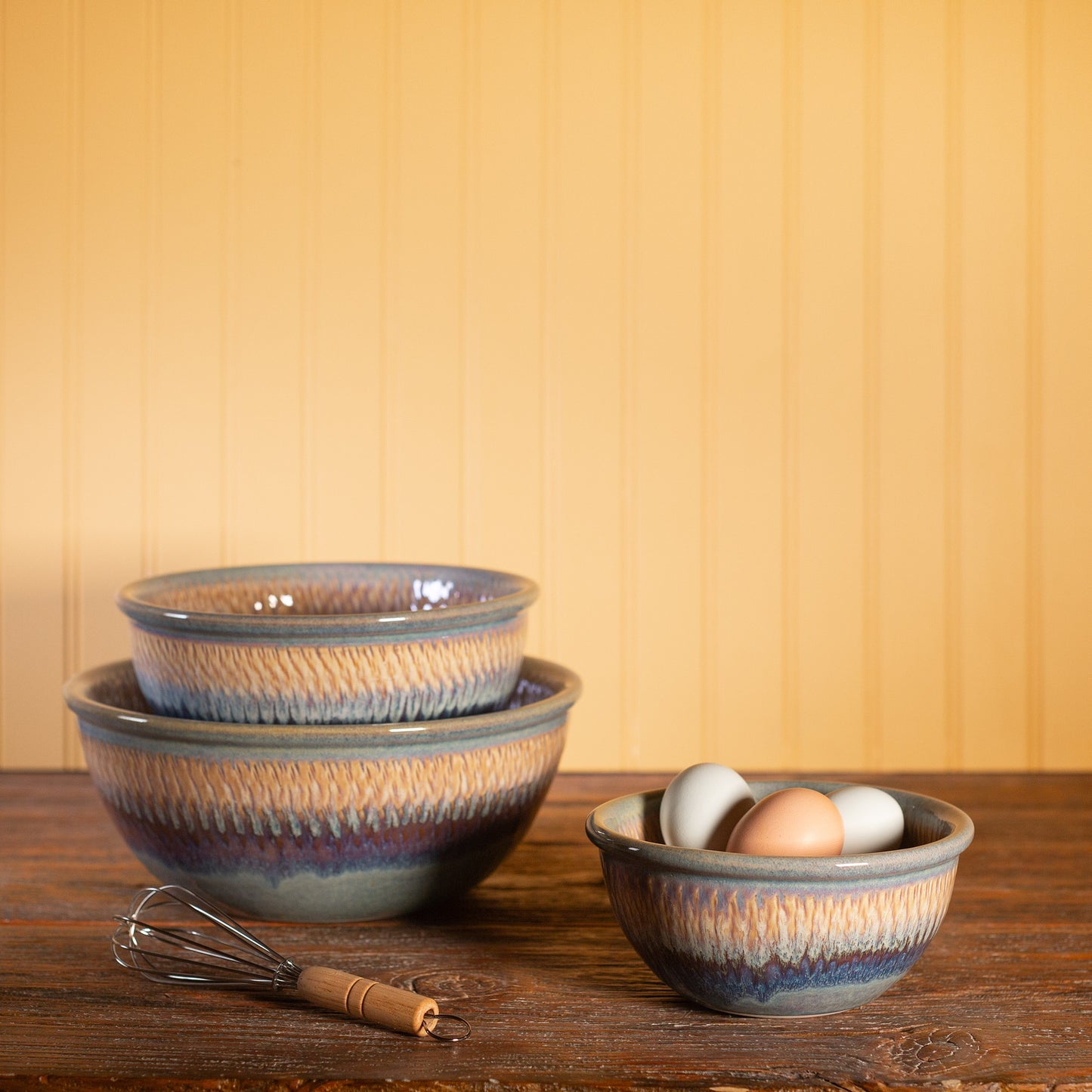 Handmade Pottery Mixing Bowl Set of 3 (6,8,10) in Purple Nuka pattern made by Olyssia Designs LLC in US