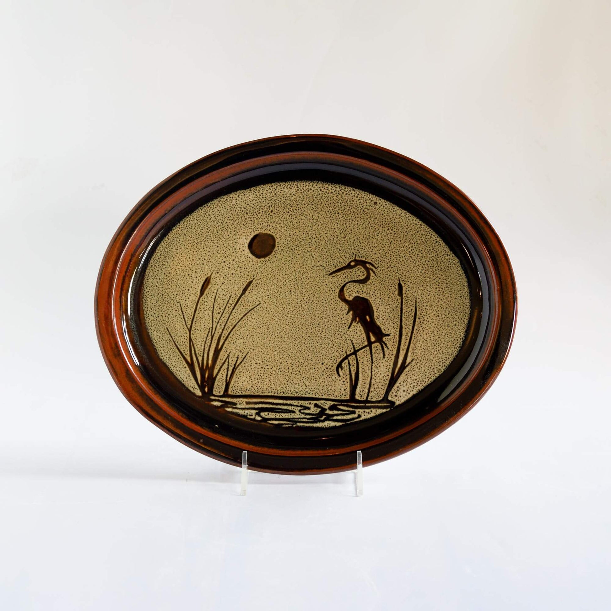 Handmade Pottery Oval Platter in Hamada Heron pattern made by Olyssia Designs LLC  in US
