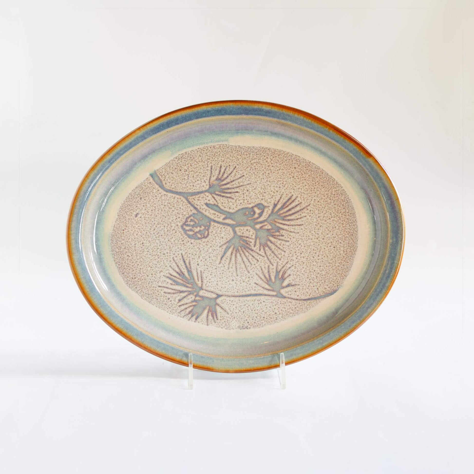 Handmade Pottery Oval Platter in Purple Chickadee pattern made by Olyssia Designs LLC  in US