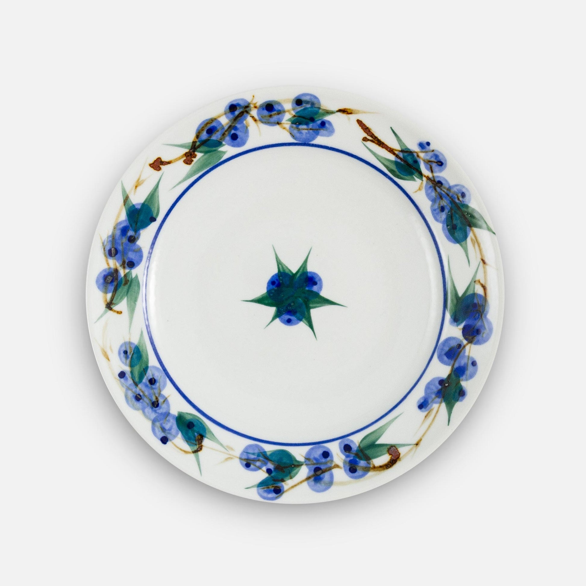 Handmade Pottery Rimless Dinner Plate made by Olyssia Designs LLC  in US in Blueberry pattern