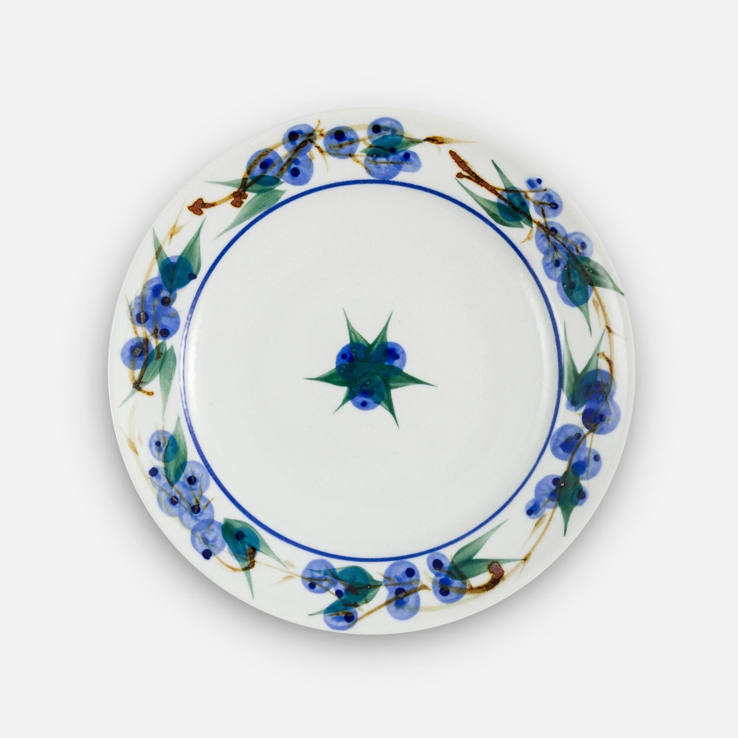 Handmade Pottery Rimless Dessert Plate made by Olyssia Designs LLC in US in Blueberry pattern