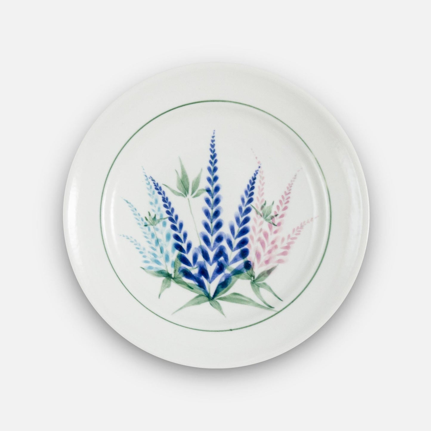 Handmade Pottery Rimless Dessert Plate made by Olyssia Designs LLC in US in Lupine pattern