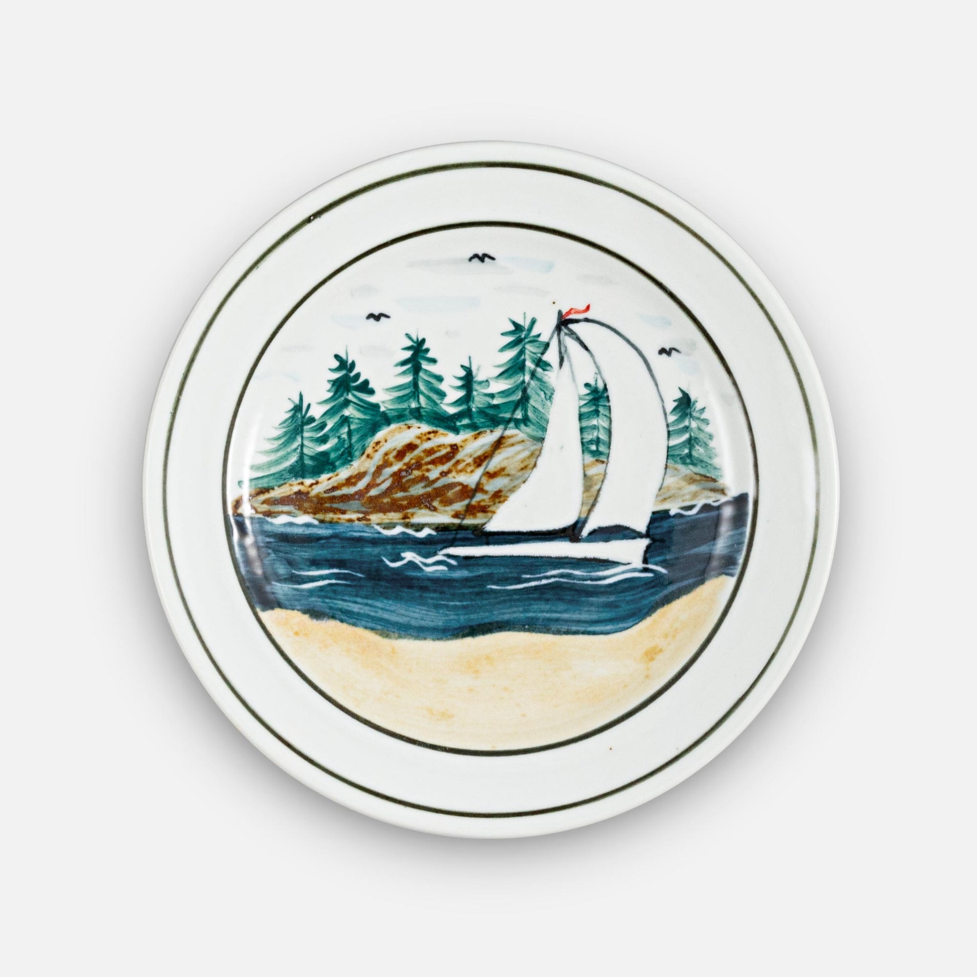 Handmade Pottery Rimless Dinner Plate made by Olyssia Designs LLC  in US in Sailboat Pattern