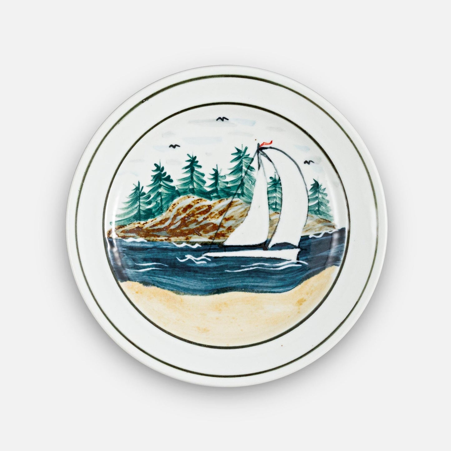 Handmade Pottery Rimless Dinner Plate made by Olyssia Designs LLC in US in Sailboat Pattern
