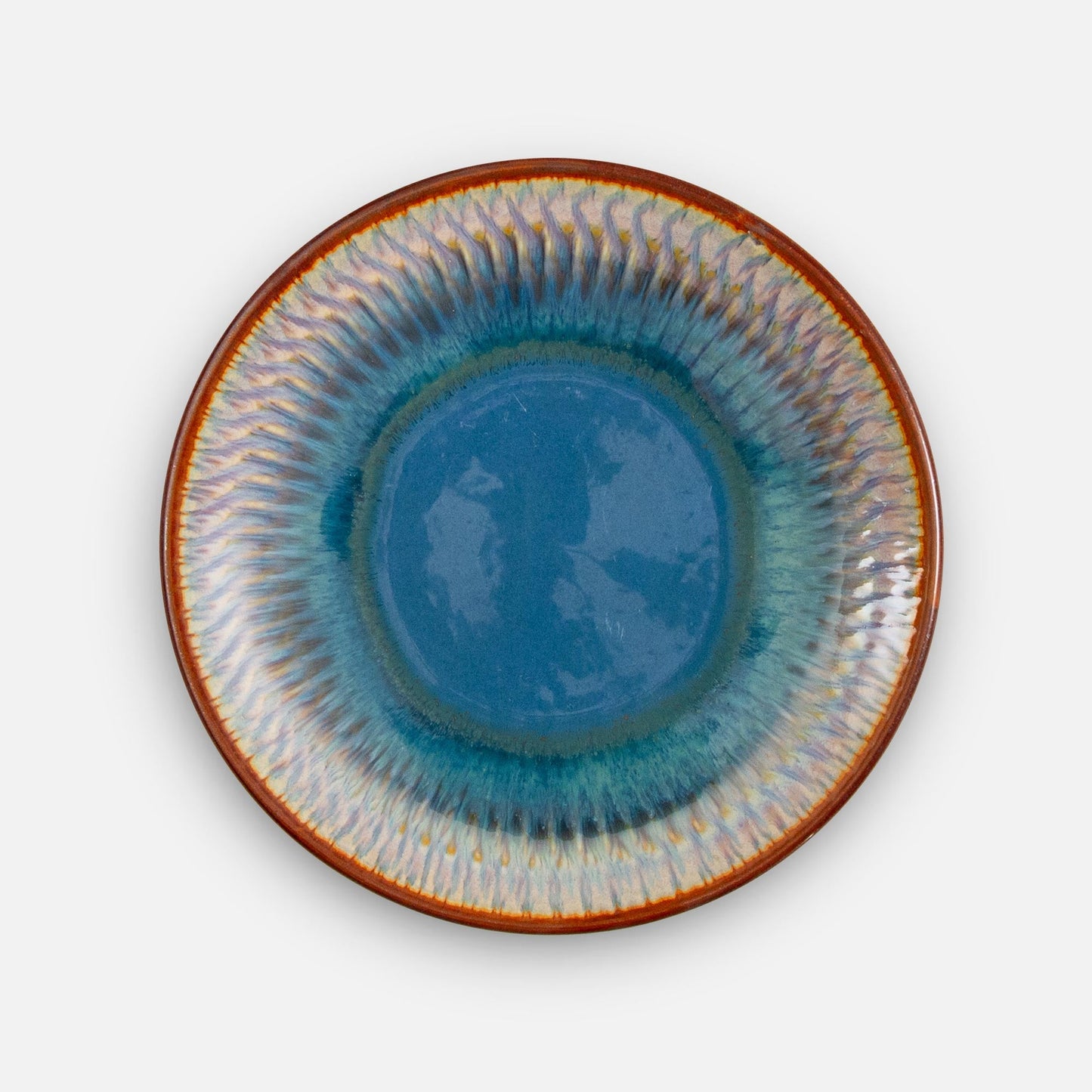 Handmade Pottery Rimless Dessert Plate made by Olyssia Designs LLC in US in Blue Oribe Pattern