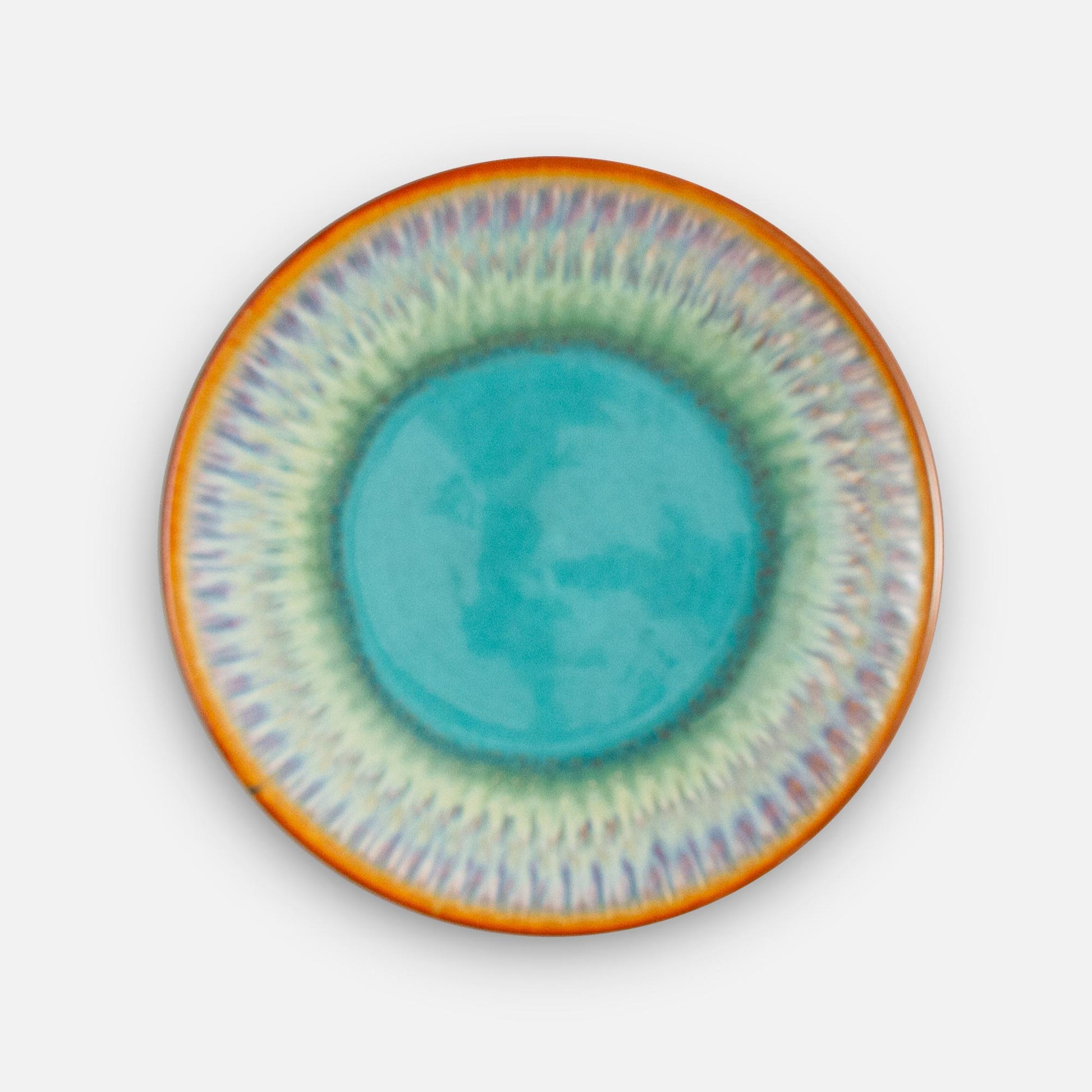 Handmade Pottery Rimless Dinner Plate made by Olyssia Designs LLC  in US in Green oribe purple pattern