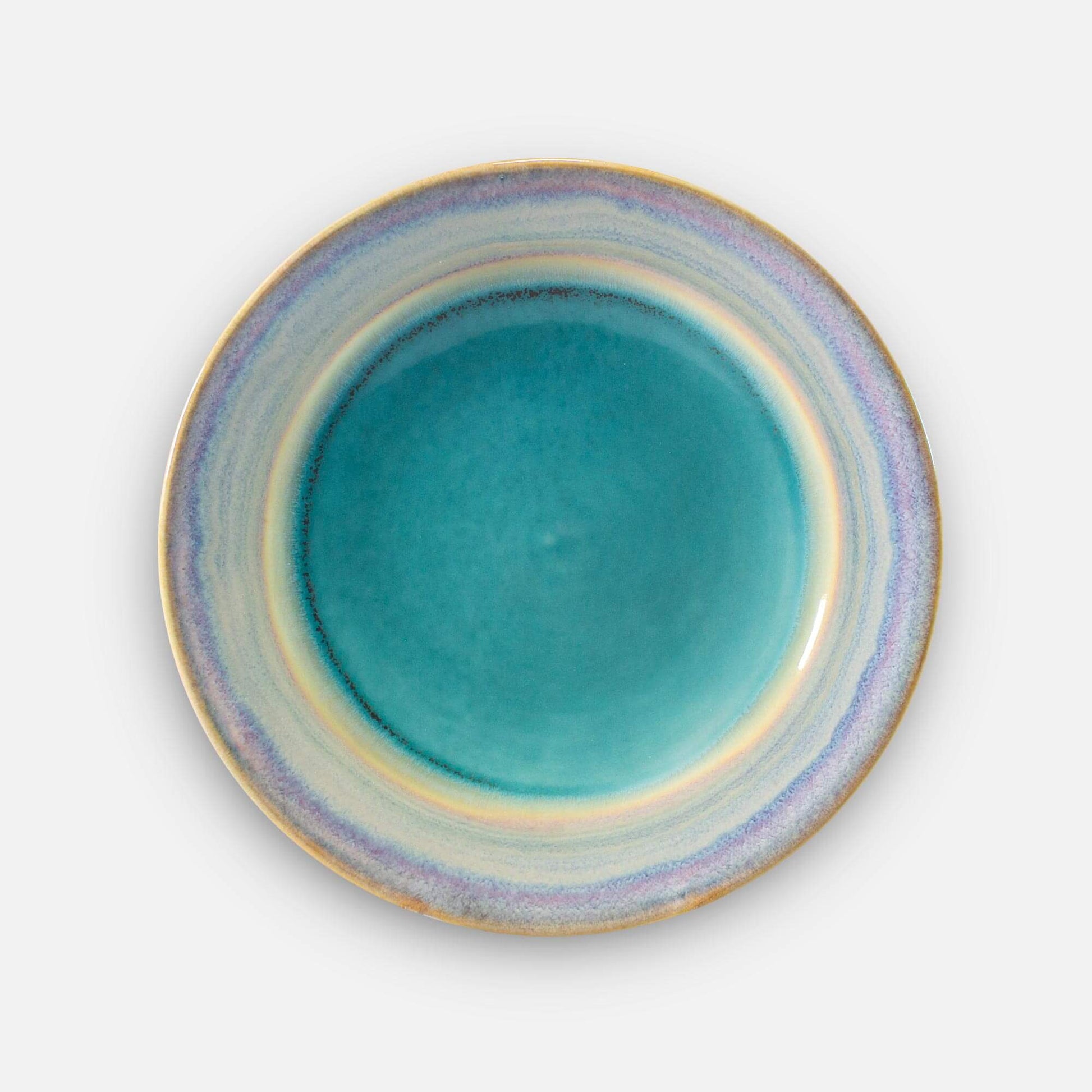Handmade Pottery Footed Dinner Plate in Green Oribe pattern made by Olyssia Designs LLC  in US