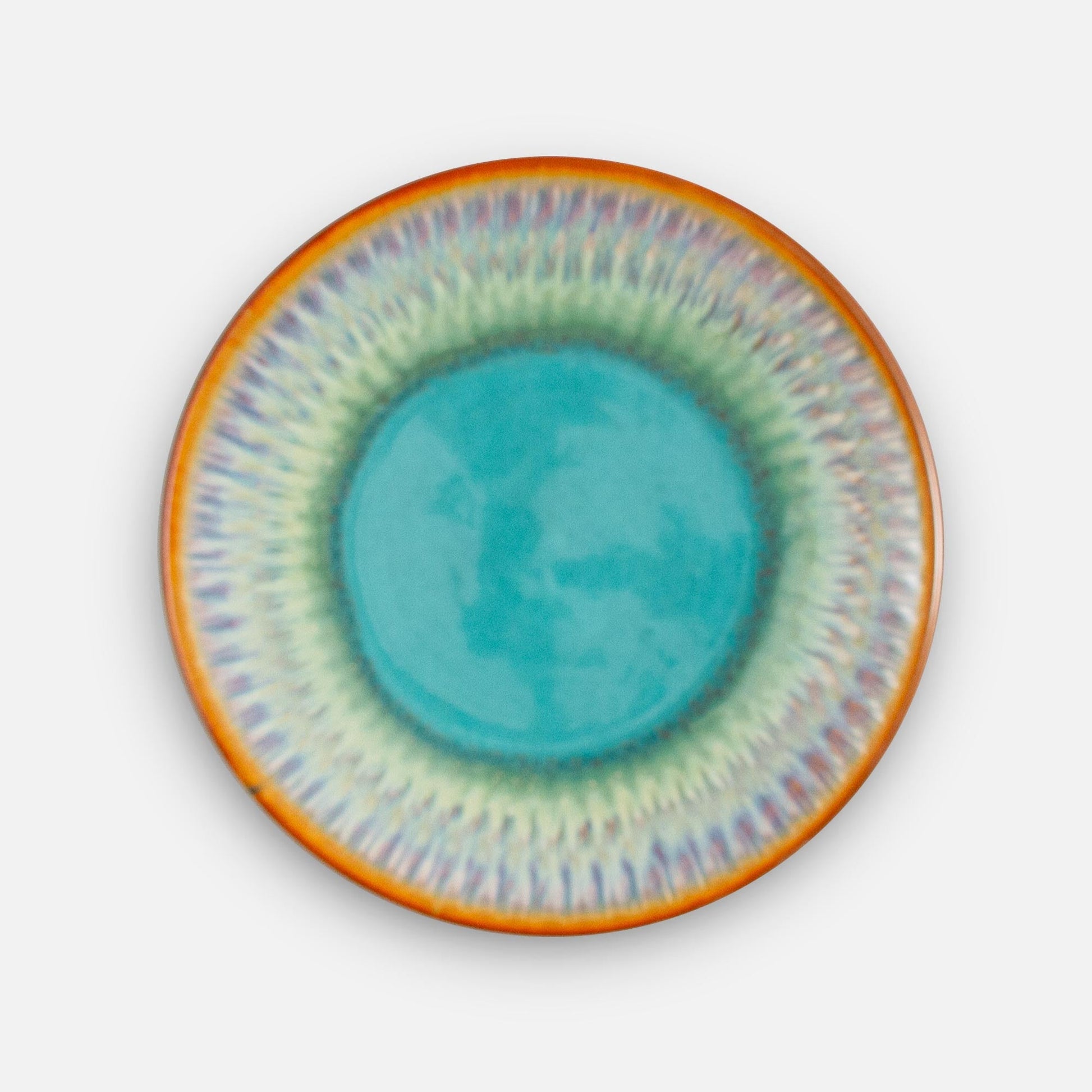Handmade Pottery Rimless Dessert Plate made by Olyssia Designs LLC  in US in Green oribe purple pattern