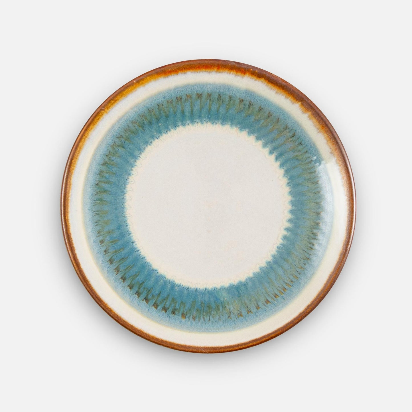 Handmade Pottery Rimless Dessert Plate made by Olyssia Designs LLC in US in Ivory Blue Oribe pattern