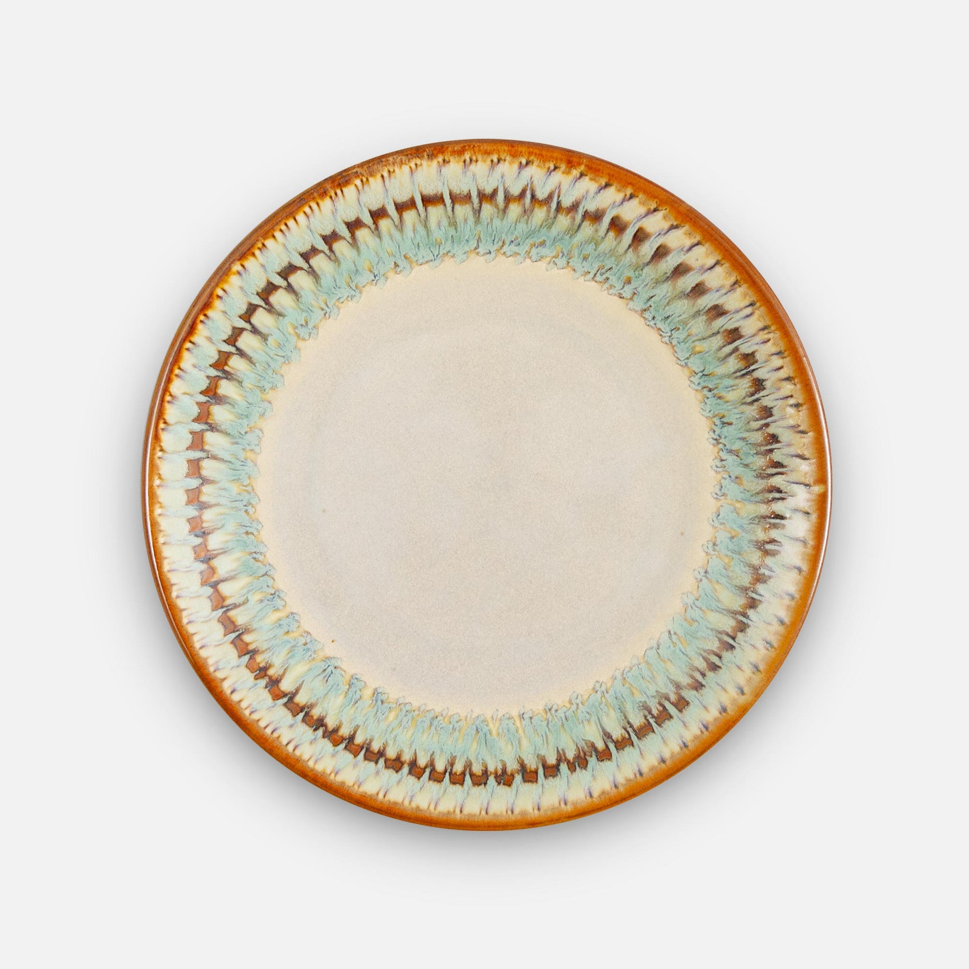 Handmade Pottery Rimless Dinner Plate made by Olyssia Designs LLC  in US in Ivory Green Oribe pattern