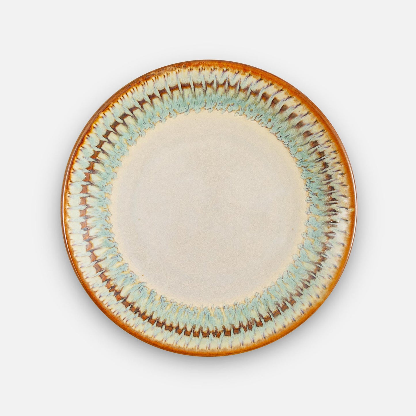 Handmade Pottery Rimless Dessert Plate made by Olyssia Designs LLC in US in Ivory Green Oribe pattern