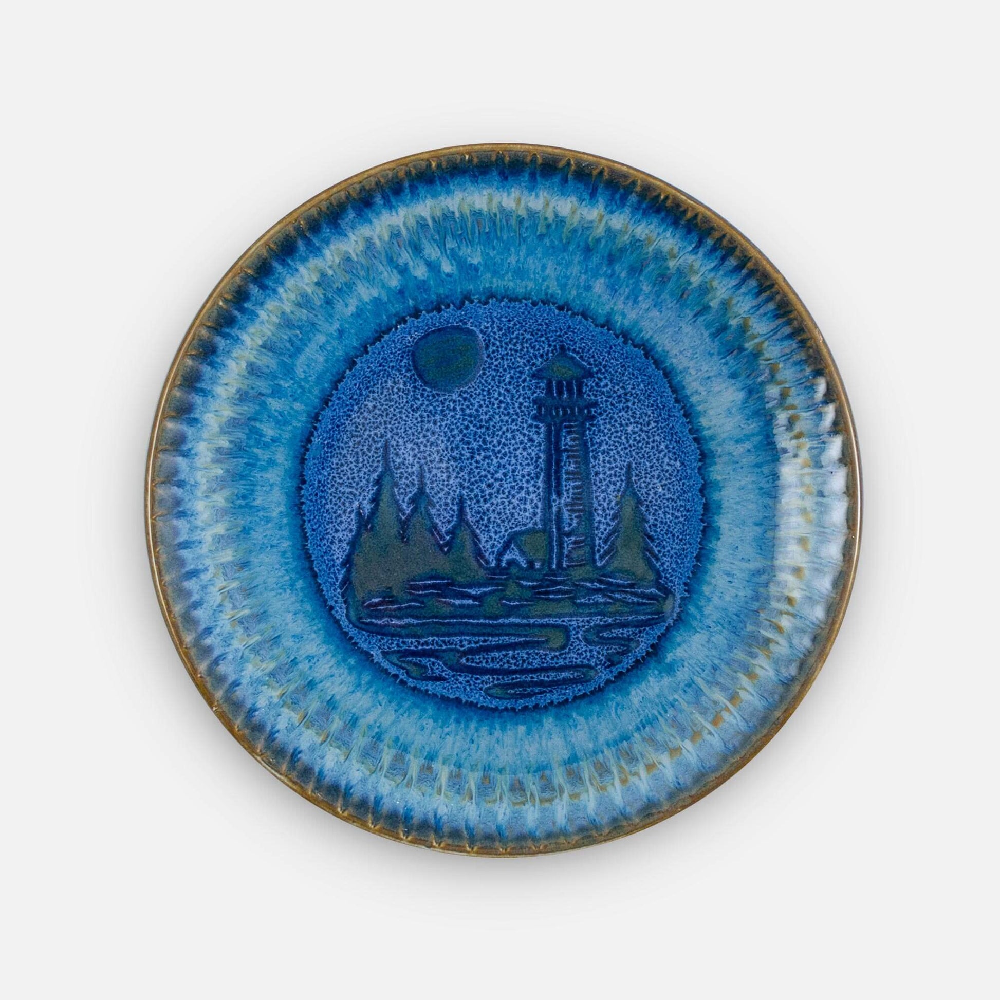 Handmade Pottery Rimless Dinner Plate made by Olyssia Designs LLC  in US in Blue Lighthouse