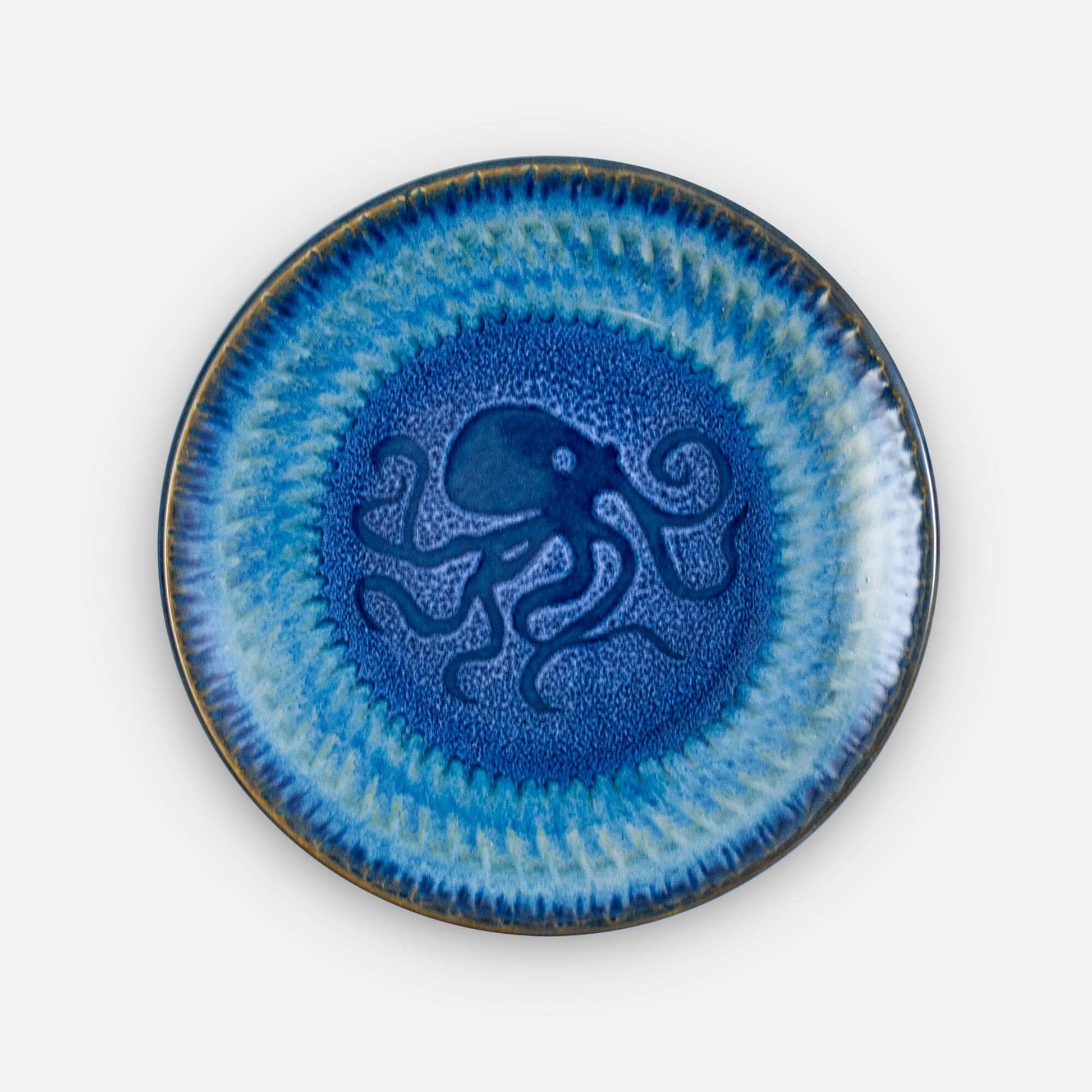 Handmade Pottery Rimless Dinner Plate made by Olyssia Designs LLC  in US in Blue Octopus pattern