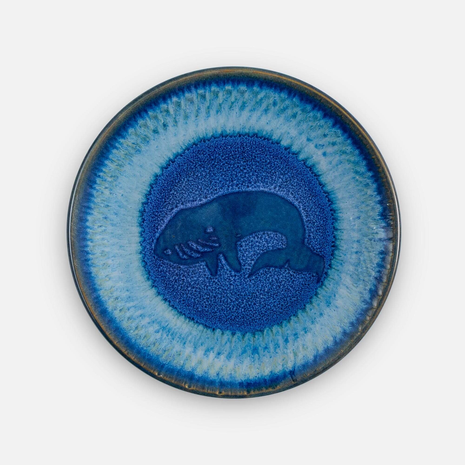 Handmade Pottery Rimless Dinner Plate made by Olyssia Designs LLC  in US in Blue Whale Pattern
