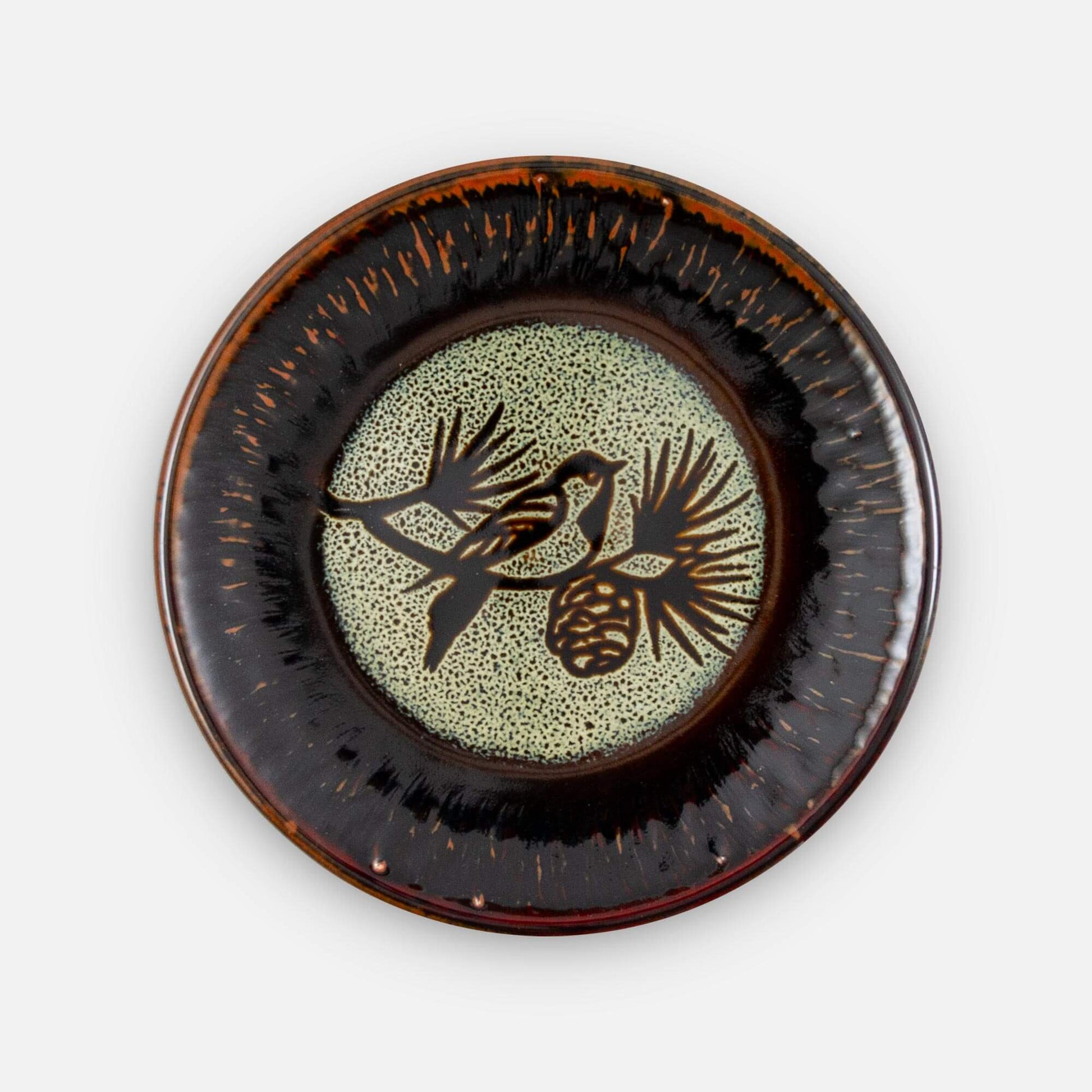 Handmade Pottery Rimless Dinner Plate made by Olyssia Designs LLC  in US in Hamada Chickadee pattern