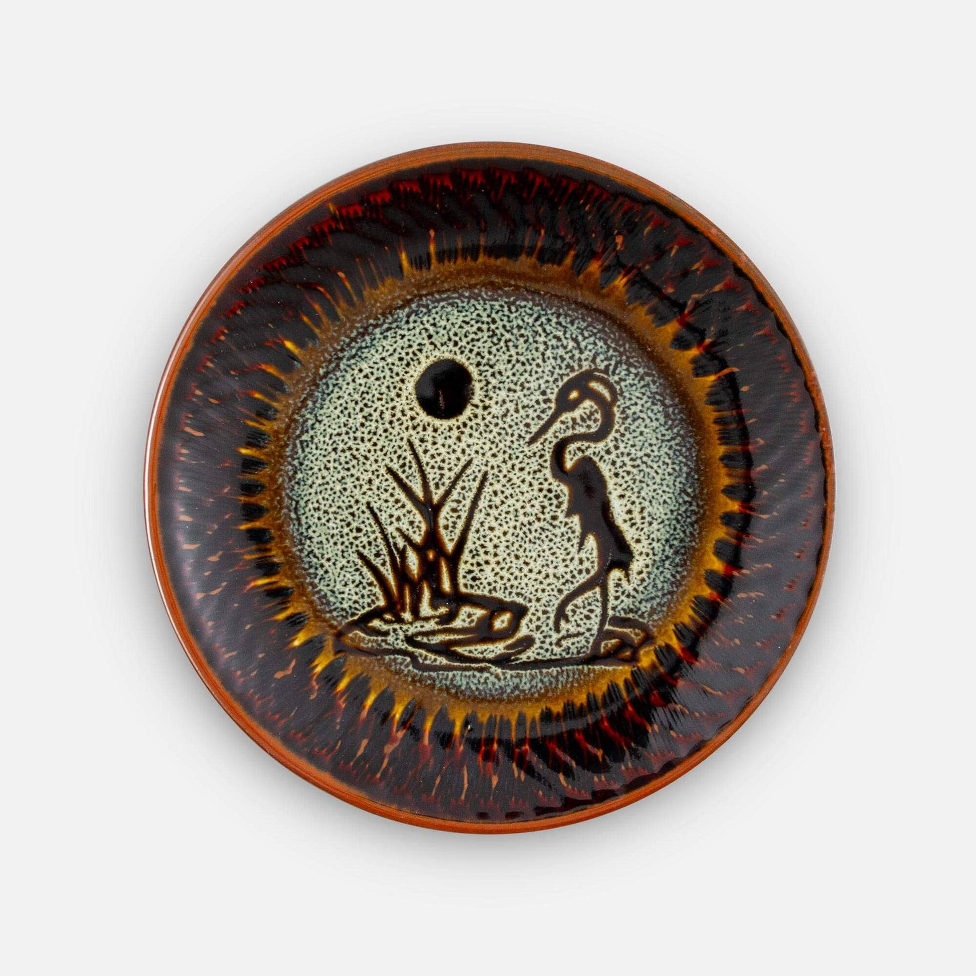Handmade Pottery Rimless Dinner Plate made by Olyssia Designs LLC  in US in Hamada Heron pattern