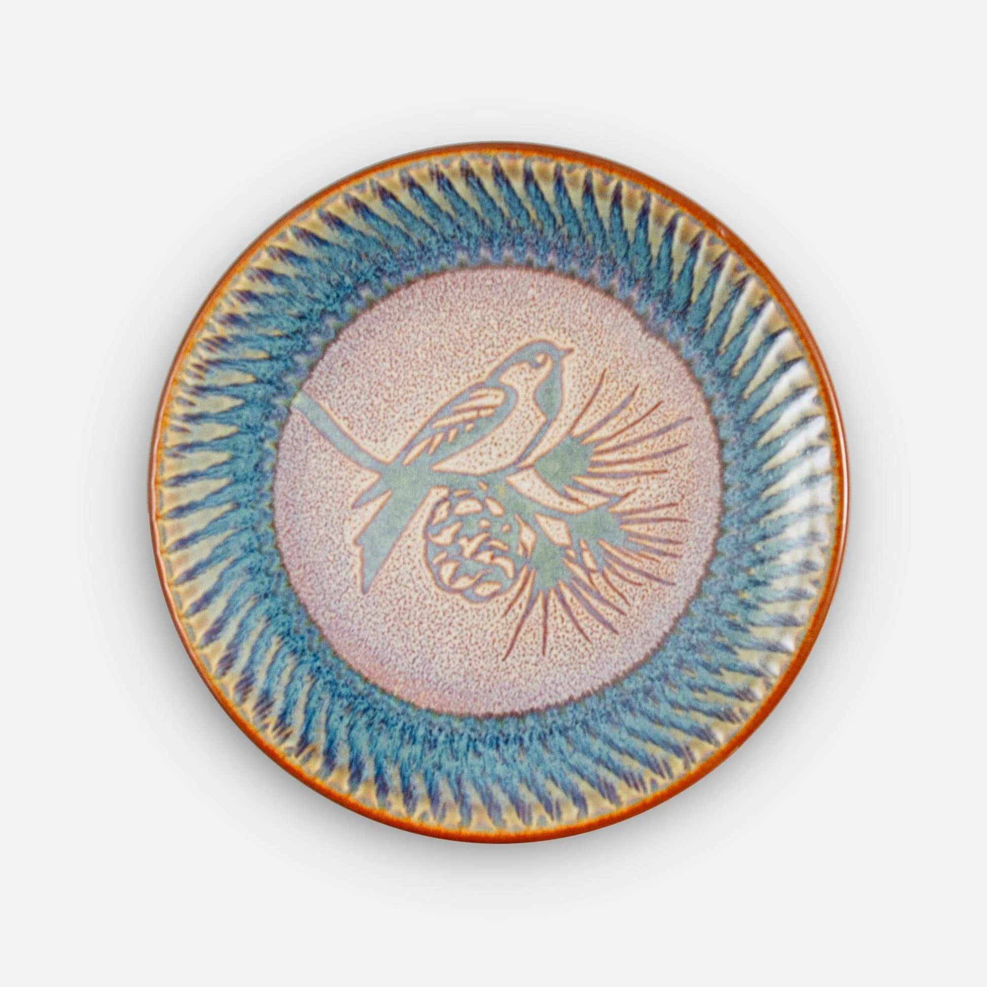 Handmade Pottery Rimless Dinner Plate made by Olyssia Designs LLC  in US in Purple Chickadee Pattern